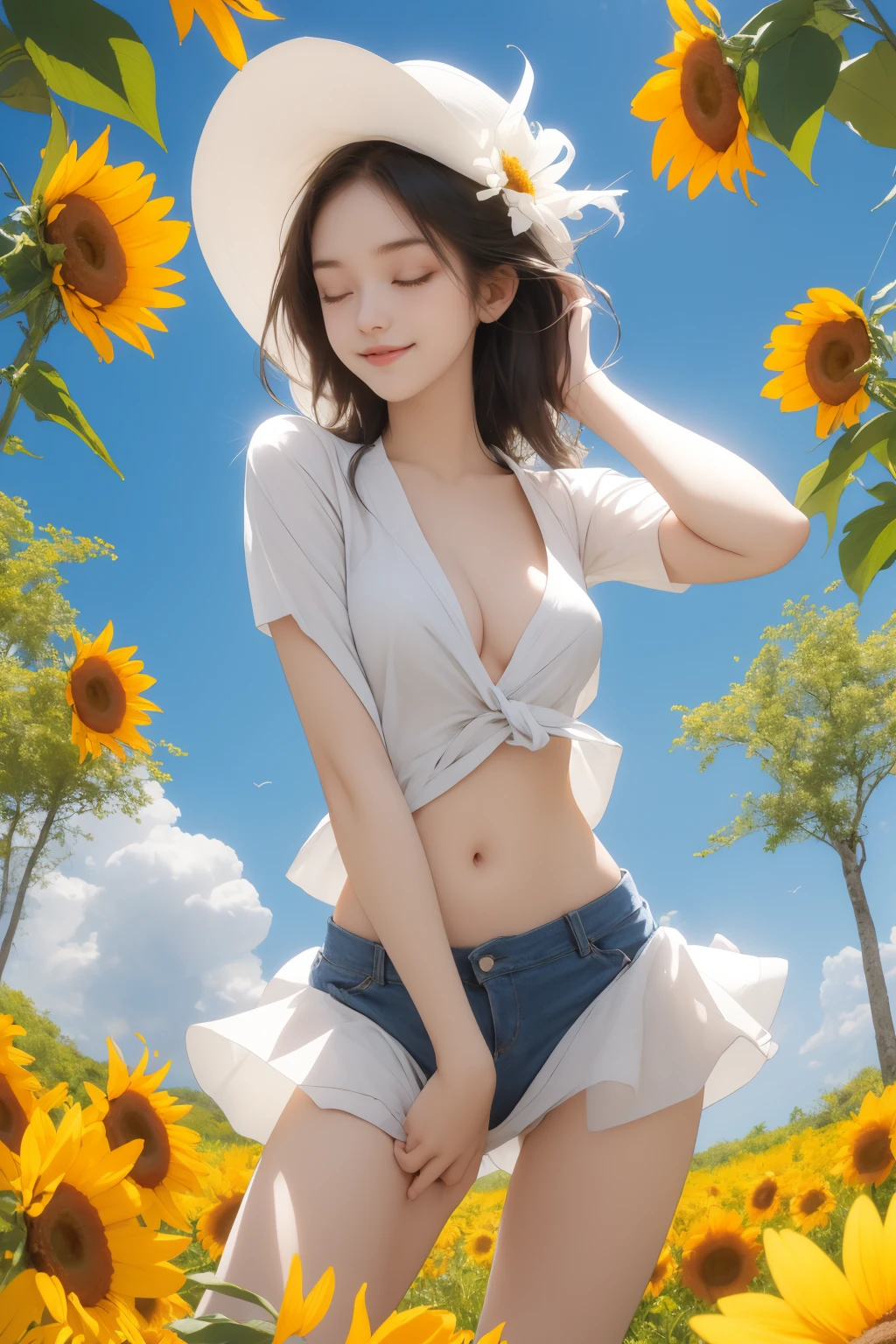 1 girl, stading, petite body, perfect face, smiling, skimpy mini bikini, showing lots of skin, tight mini skirt, shirt pulled up over breasts, long slender body, exposed breasts, wind in air, white floaties flying through air, summer hat, hair in the wind, looking at viewer, closed eyes, smiling, cute dynamic pose, in park, blue sky and clouds in background, summer trees in background, sun flowers, Expressiveh, wide angle lens, wide shot, showing pussy, fisheye lens, ultra wide perspective, from above, summer themed