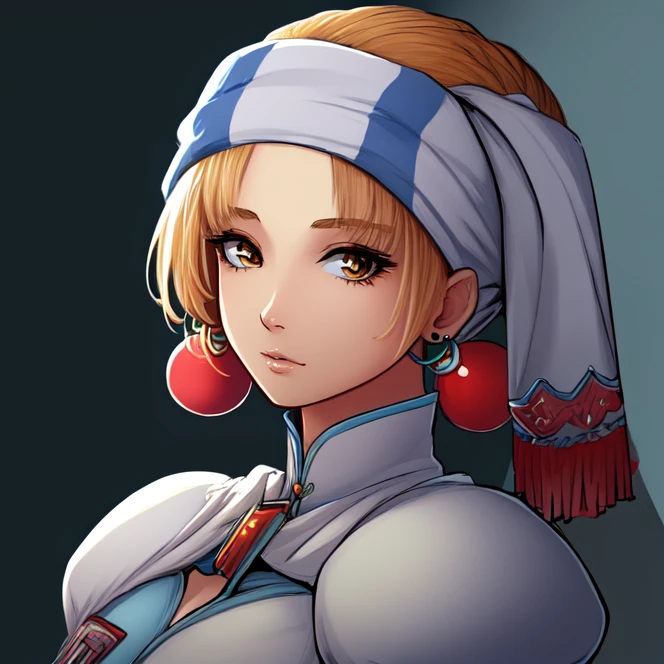 extreme close-up, portrait, solo, <lora:elenaGrandia2:0.9>, elena_grandia, blonde hair, jewelry, brown eyes, short hair, earrings, head scarf, white shirt, high collar, puffy sleeves, short sleeves, highres, Digital art, trending on artstation, best quality, insanely detailed, masterpiece, stunning environment, wide-angle,
