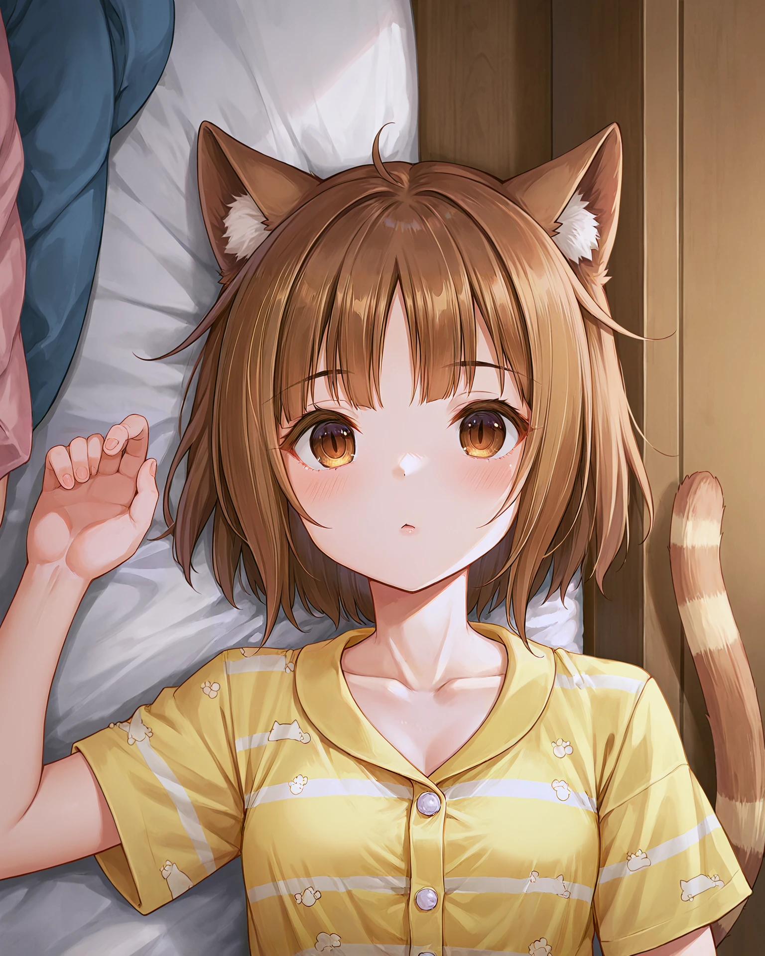 <lora:Neko_Azuki_XL:0.7> azuki, brown hair, bangs, brown eyes, cat girl, cat ears, cat tail, striped tail, short hair, ribbon, hair ribbon, collarbone, sleepwear, yellow sleepwear, pajamas, short sleeves, animal print, upper body,, <lora:9_Detail_Tweaker_XL:0.8>, score_9, score_8_up, score_7_up, source_anime, masterpiece, best quality, highly detailed background, cinematic lighting, detailed eyes, perfect face,, lazy, teenager room, messy, bedroom, bed sheet, closet,