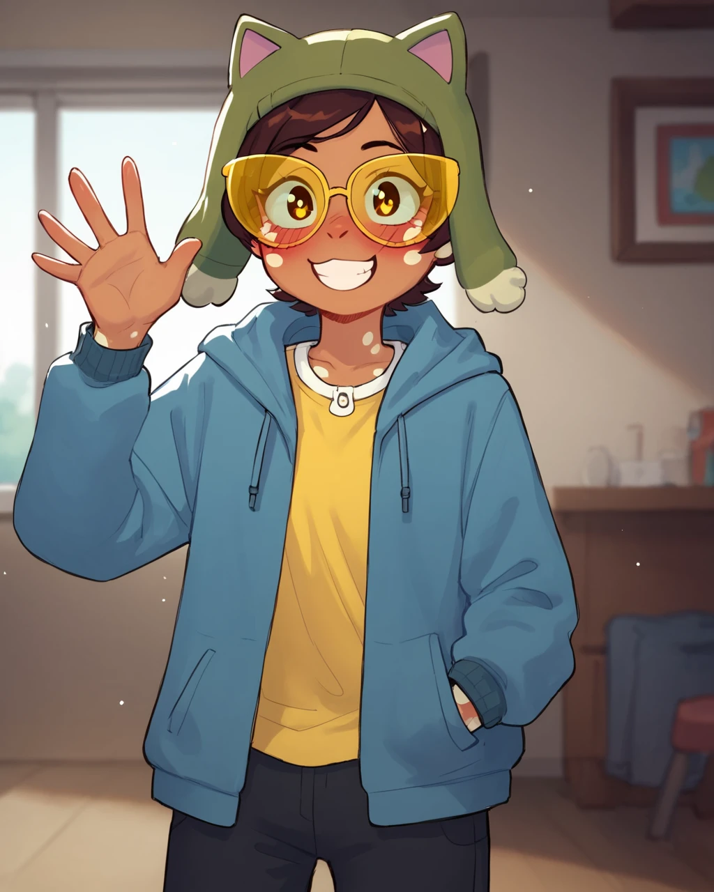 score_9, score_8_up, score_7_up, score_6_up, <lora:Vee_The_Owl_House:0.7>,veetoh,open hoodie, blue hoodie, yellow shirt, pants, cat hat, brown hair, short hair, yellow eyes, white spots on face, yellow sunglasses, luzvee, upper_body, blush, soft smile, indoors, hand on pocket, waving, looking at viewer