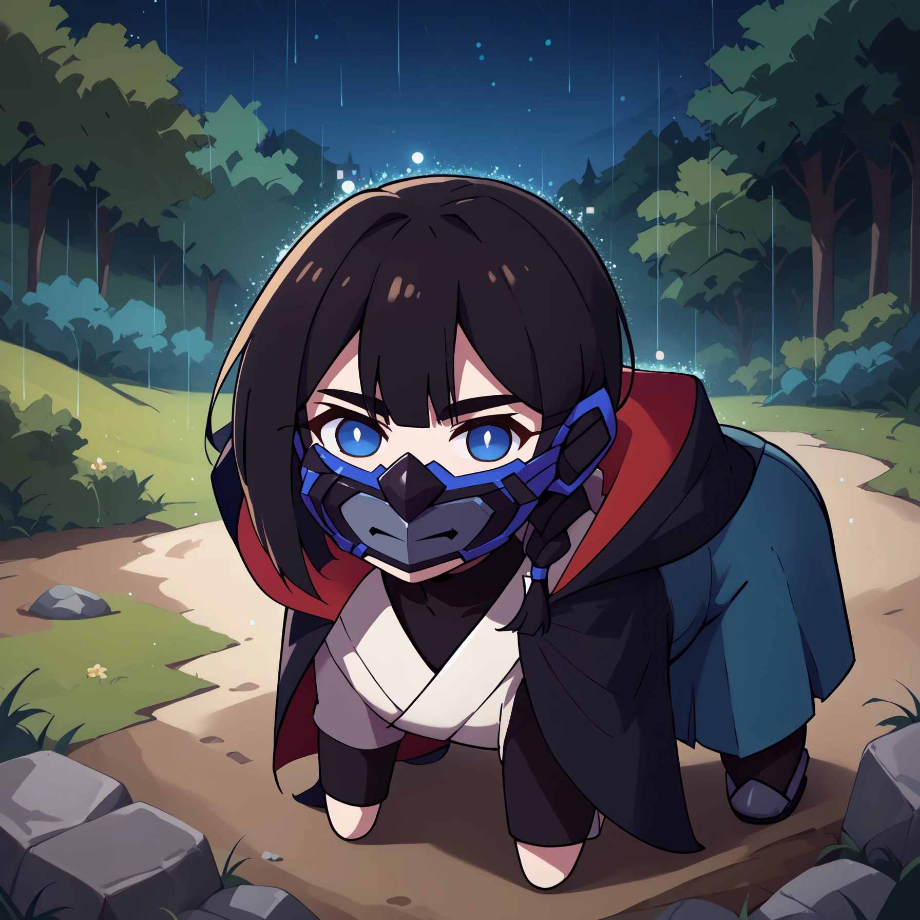 score_9, score_8_up, score_7_up, BREAK 1girl, solo, mask, FVisions, blue eyes, white pupils, black hair, side braid, single braid, short hair, <lora:FVisionsPDXL_V1-Manityro-CAME:1.0>, outdoors, forest, dark, night, starry sky, rain,
<lora:Doro_X_PDXL_V1:1.0>, doro, creature, :3, chibi, no humans, four legs, solid circle eyes, no pupils, all fours, side view,
turtleneck, black cloak, black bodysuit, hakama, hakama skirt,