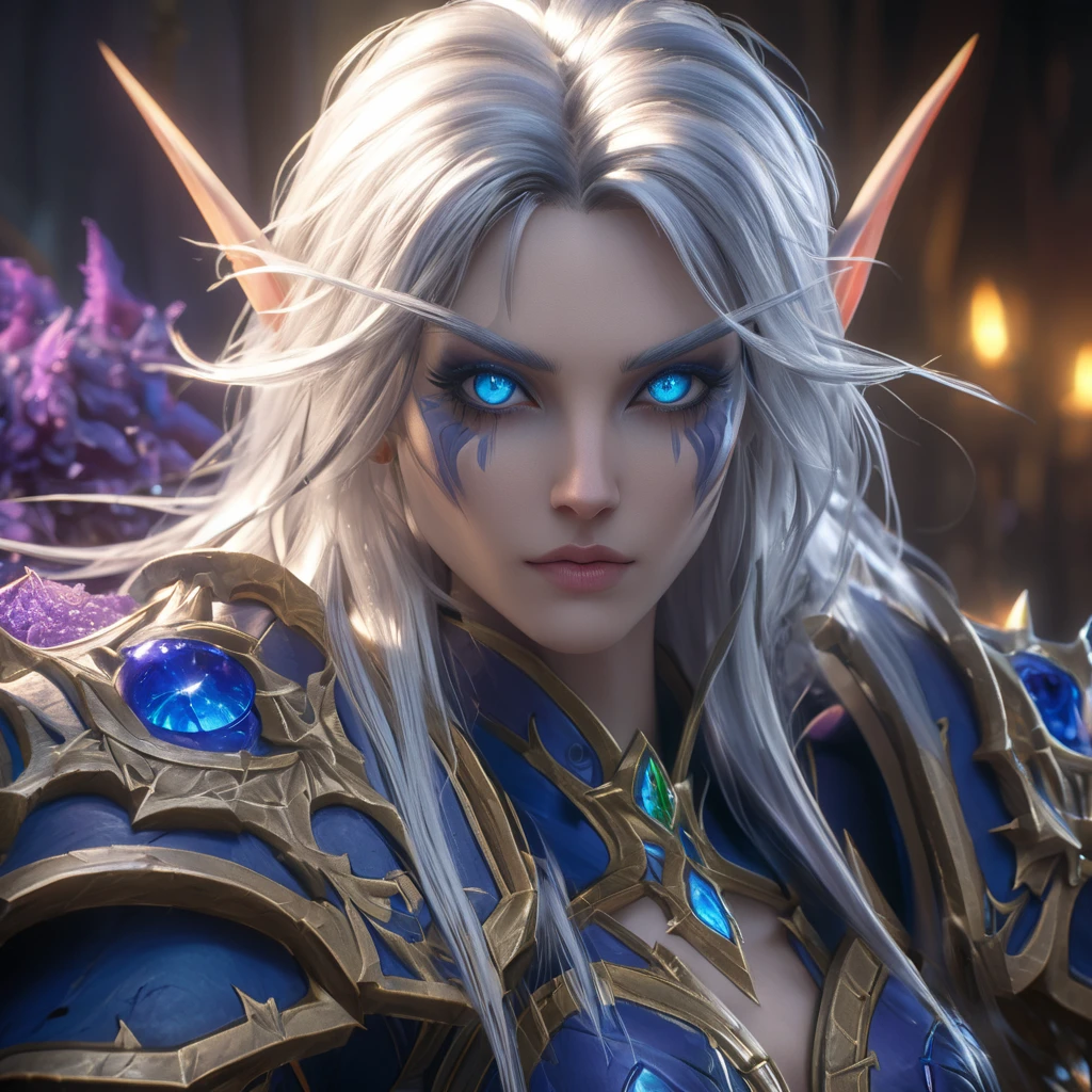 a close up cinematic shot of a beautiful female world of warcraft Night Elf wearing yellow armor, beautiful white hair, blue eyes, dungeon cellar in background, hkelf, HD, masterpiece, best quality, hyper detailed, ultra detailed