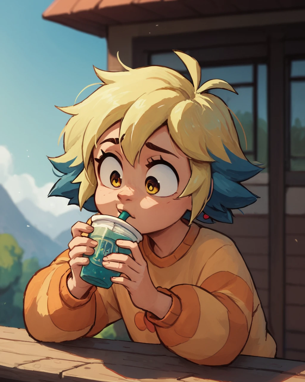 score_9, score_8_up, score_7_up, score_6_up, <lora:Vee_The_Owl_House:0.7>,veetoh, orange sweater,striped sleeves, yellow eyes, multicolored hair, blue hair, blonde hair, upper body, normalvee, looking at sky, drinking bobba, :3, outdoors