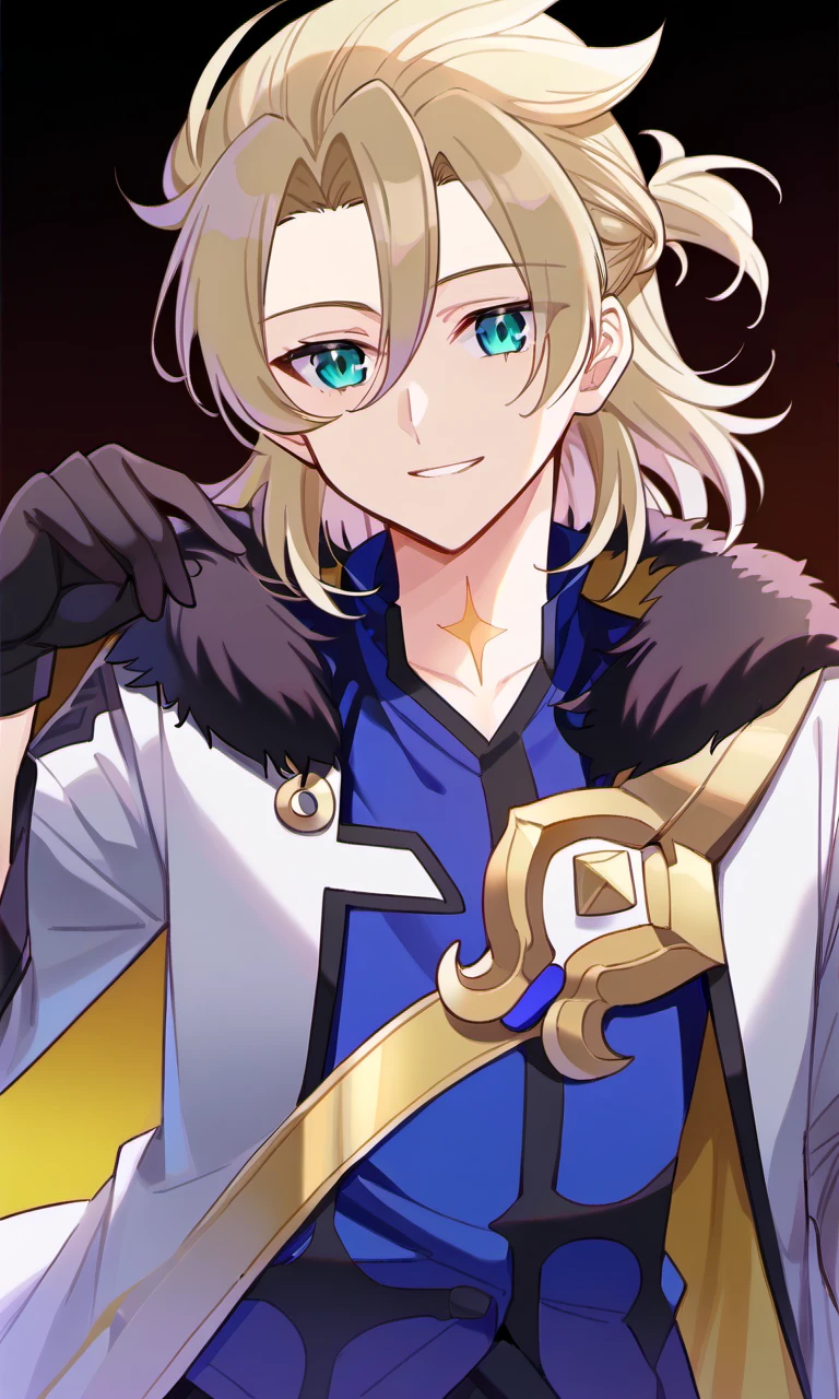 1boy,solo,male focus, smile,albedo,blonde hair,hair between eyes,aqua eyes,shirt,blue shirt,coat,white coat,scar on neck,gloves,black gloves