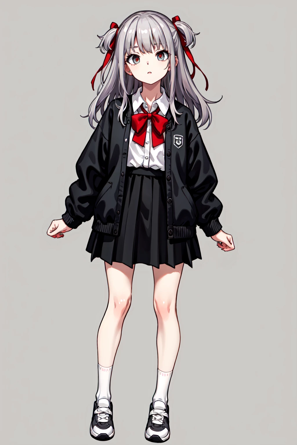 (masterpiece, best quality:1.2),
1girl, teenage, solo, facing viewer, petite
((white hair)), (grey hair), two side up, red hair ribbon,
collared shirt, long sleeves, black skirt,
white sneakers, grey socks, (white socks), bare legs,
facing viewer, (full body),
simple background, two-tone background, grey background,standing,
depth of field, blurry background,
<lora:ASYLJ77-2-000014:0.5>