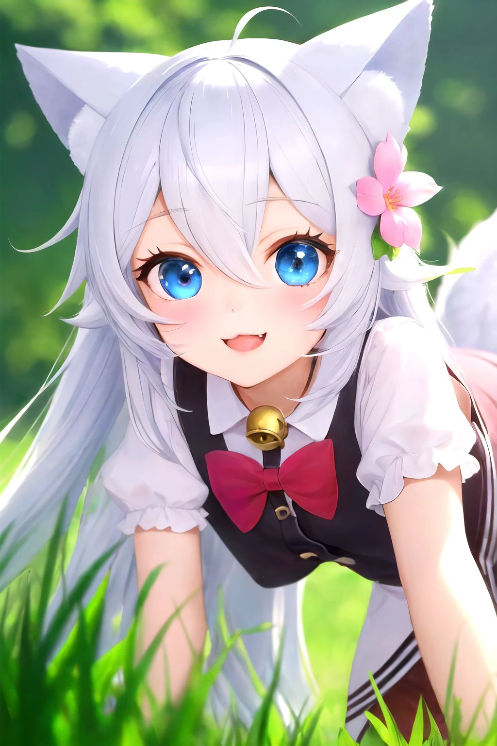 <lora:noelaV2_SD:0.75> noela, 1girl, fisheye, from below, close-up, 1girl, solo, long hair, bangs, blue eyes, bow, animal ears, hair between eyes, white hair, tail, flower, animal ear fluff, bell, wolf ears, grass, all fours, happy, wolf tail, neck bell, wolf girl, fang, :3,