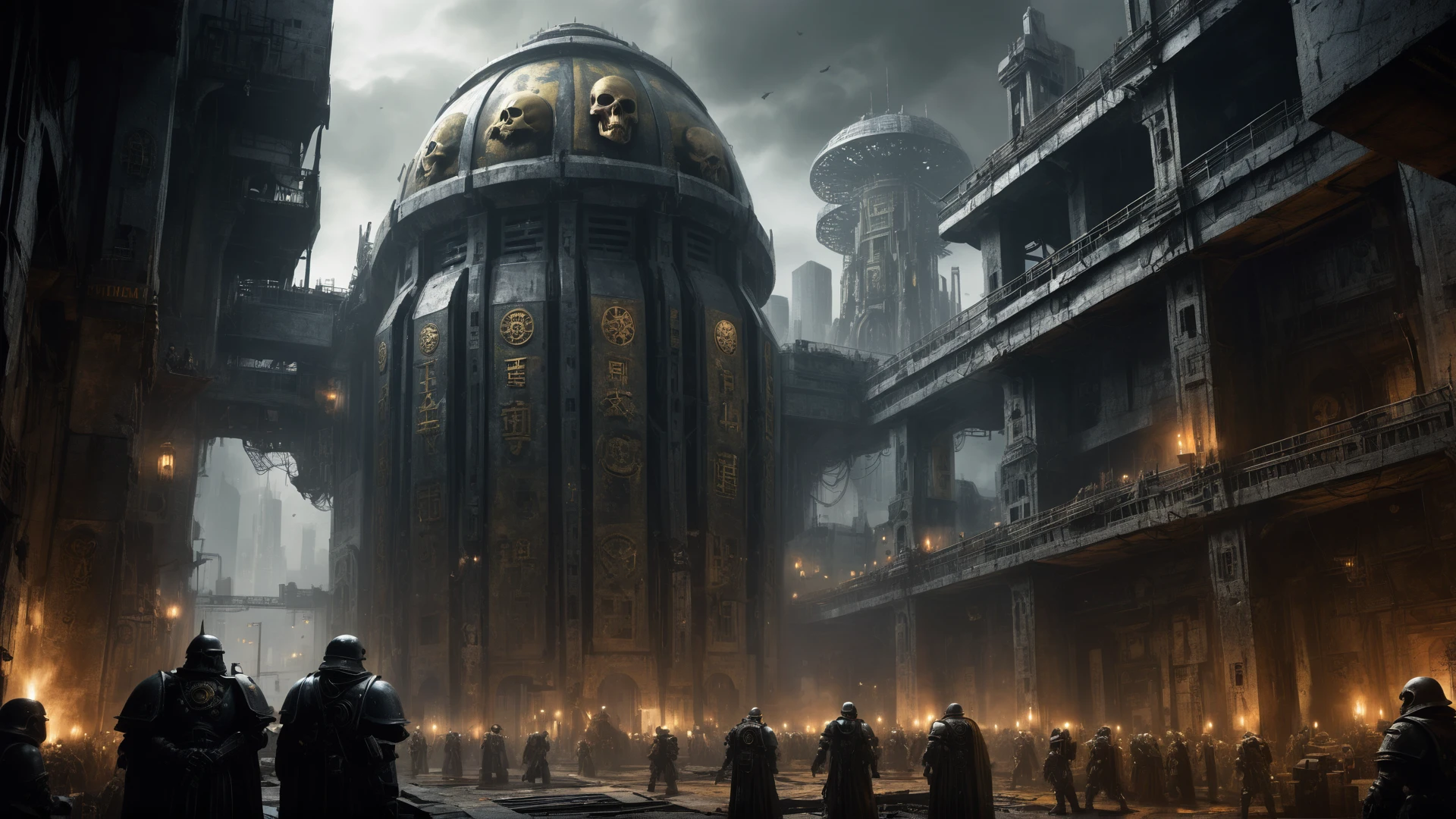 <lora:Wolvie_Style_wh40k10m_v1.0.safetensors:1> wh40k10m, Imperium of Man location, background, ((Warhammer 40k)), Warhammer 40000 style, Warhammer 40k architecture, Warhammer 40k aesthetics, hive city, In the lower hive of sprawling cities, hab blocks rise amidst factories foundries, shrouded in eerie gloom. Skull symbols mark devotion to the Emperor, alongside Imperial texts stone statues saints. Dark colors banners Imperium adorn these austere structures, where constant hum industry echoes grimly. Despite oppressive atmosphere, faith in Emperor remains unyielding among resilient inhabitants lower hive. Industrial, Futuristic, Metallic, Technological, Gothic, Utilitarian, Advanced, Mechanical, Stark, Gleaming, Gritty, Imposing, Symbolic, Monumental, Resilient, Grimy, Dilapidated, Crowded, Dystopian, Decaying, Vertical, Chaotic, Overcrowded, Urban, Squalid, Brutalistic, Oppressive, Dark.,
amplify, intensify, strengthen, heighten, augment, boost, enrich, enhance, expand, magnify, illuminate, transmute, resonate, empower, transfigure, harmonize, envision, radiate, transcend, high quality, intricate, smooth, realistic,