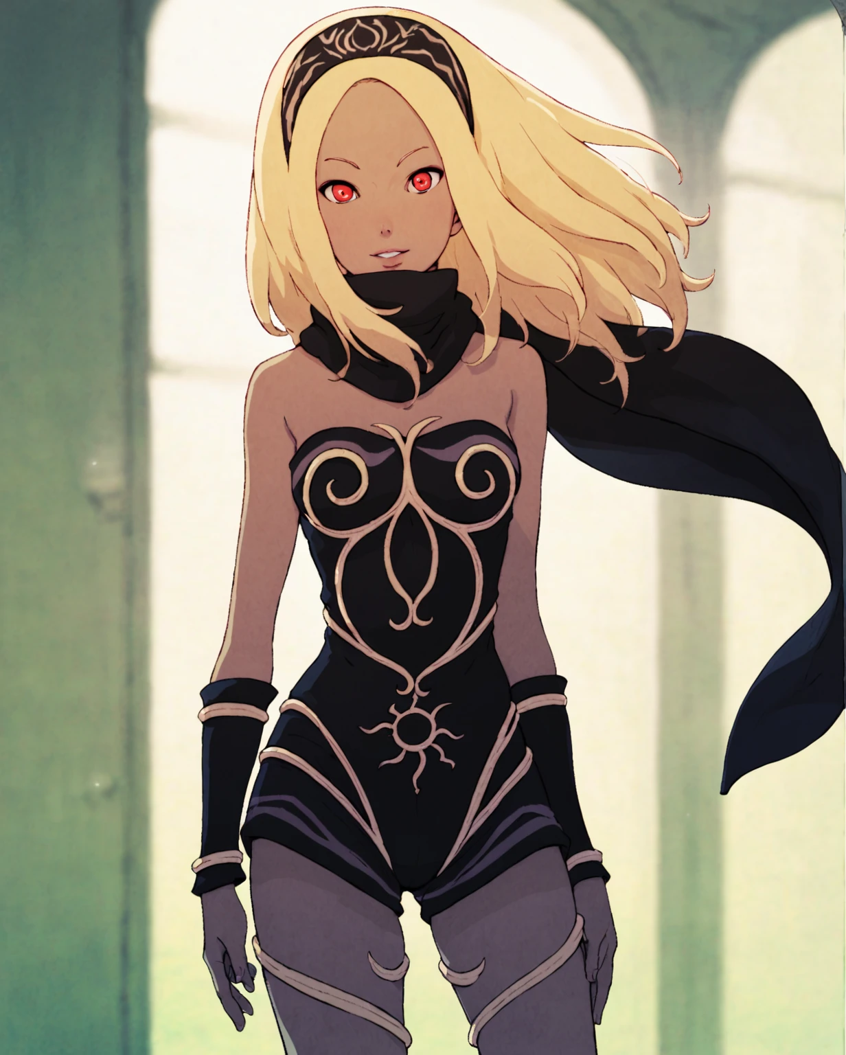 score_9, score_8_up, score_7_up, score_6_up, score_5_up, score_4_up, source_anime, cowboy shot, arms at sides, looking at viewer, zero gravity, 
 <lora:Kat - Gravity Rush (Autism SDXL)-000009:0.8> kat \(gravity rush\), katoutfit, blonde hair, black headband, long hair, sidelocks, red eyes, black scarf, bodysuit, detached sleeves,