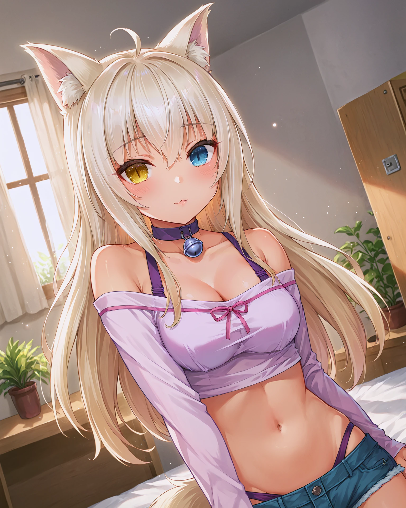 <lora:Neko_Coconut_XL:0.7> coconut, blonde hair, bangs, hair between eyes, ahoge, heterochromia, yellow eye, blue eye, cat girl, cat ears, cat tail, long hair, choker, purple choker, collar, bell, neck bell, shirt, pink shirt, collarbone, off shoulder, bare shoulders, long sleeves, cutoffs, bra strap, cleavage, midriff, shorts, short shorts, denim shorts, denim, panties, purple panties, upper body,, <lora:9_Detail_Tweaker_XL:0.8>, score_9, score_8_up, score_7_up, source_anime, masterpiece, best quality, highly detailed background, cinematic lighting, detailed eyes, perfect face,, lazy, teenager room, messy, bedroom, bed sheet, closet,