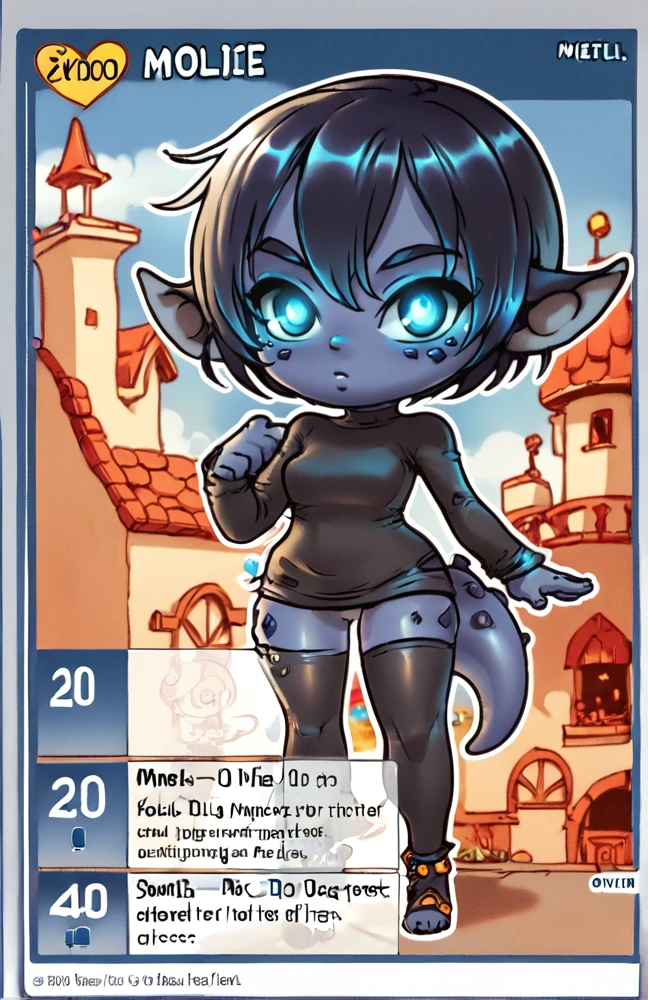 score_9, score_8_up, score_7_up, <lora:Maplestory_iTCG:1> maplestory_itcg, full body, chibi, solo, 1girl, solo, english text, (blue border:1), straight border, <lora:Smolder_XL_Pony_Edition:0.85> (1girl), (blue skin), colored skin, masterpiece, best quality, glowing eyes, Smouldie, dark hair, short hair, tail, thighhighs, black sweater, sleeves,