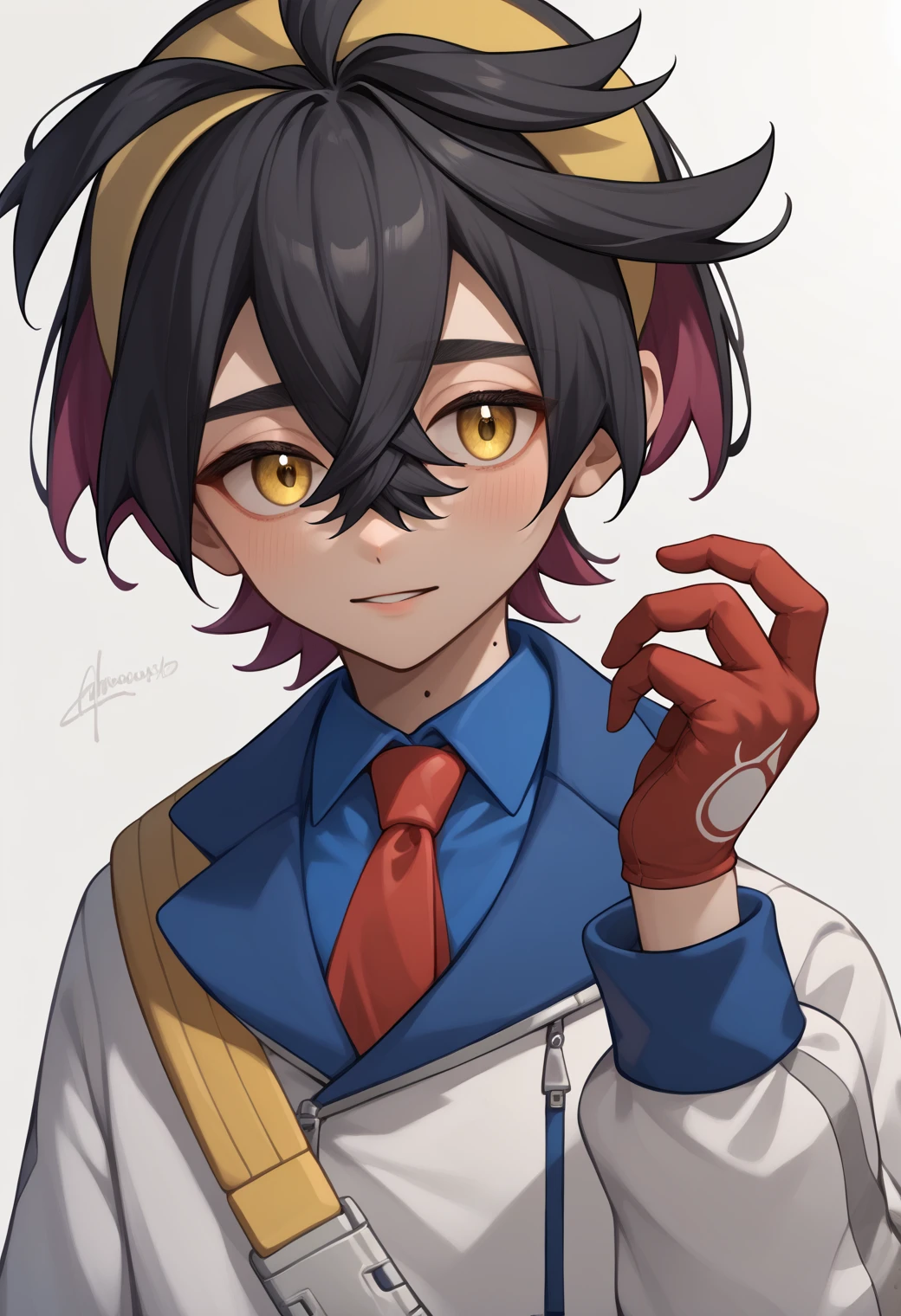 score_9, score_8_up, score_7_up, score_6_up, score_5_up, score_4_up, best quality, amazing quality, best aesthetic, absurdres, kieran, yellow eyes, multicolored hair, black hair, blue collared shirt, white shorts, white jacket, blue socks, necktie, white shoes, partially fingerless gloves, sinlgle glove, red glove, zipper pull tab, yellow hairband ,hair between eyes, source_<lora:EMS-352734-EMS:1.000000>