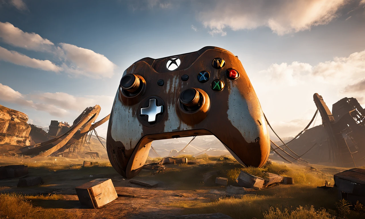 a giant xbox controller structure lying in landscape, monolith, rusted steel, best quality, landscape, nature, masterpiece, intricate, highly detailed,  cinematic lights, <lora:abslandsdxl:0.9>, abslandsdxl