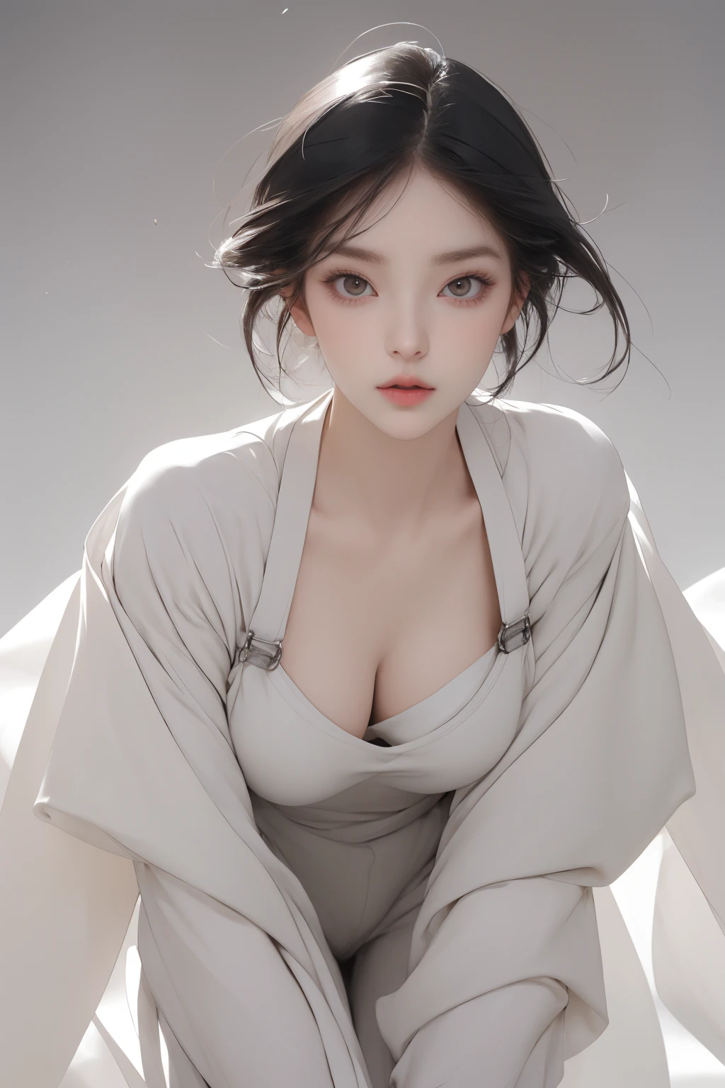 (Face Shape: Round face),(Eyes: Icy gaze that exudes modern sophistication, accented by dark and deep eyeshadow and muted eye color),(Nose: Mature and aloof, enhancing the overall sense of modernity),(Mouth: Neutral lips that hint at emotional detachment),(Skin: pure skin),(Figure:wide hip, thigh gap, small breast, slender), (Overall Impression: korea young woman)