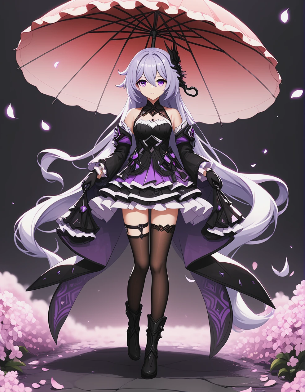 (score_9, score_8_up, score_7_up, score_6_up, score_5_up, score_4_up),1girl,thelema_honkai_impact,bare_shoulders,black_footwear,black_gloves,black_shorts,black_thighhighs,black_umbrella,boots,dress,frilled_sleeves,frills,full_body,gloves,grey_hair,hair_between_eyes,hair_intakes,holding,holding_umbrella,long_hair,long_sleeves,petals,purple_eyes,red_dress,short_shorts,shorts,single_thighhigh,solo,standing,thighhighs,thighhighs_under_boots,umbrella,very_long_hair,white_background,wide_sleeves,<lora:thelema-honkai-impact-xl:0.8>,