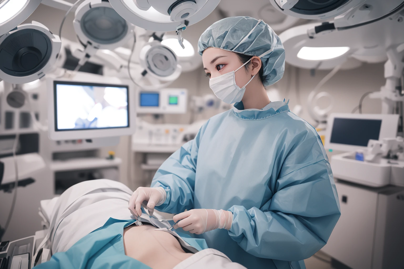 (RAW photo, best quality), 1girl, long sleeve surgical outfit, surgical mask,  surgical gloves, surgical cap,  operating room, overhead surgical light, dslr, blurred background, focused
 <lora:concept_surgery_cap_v2_1:1> surgery_cap