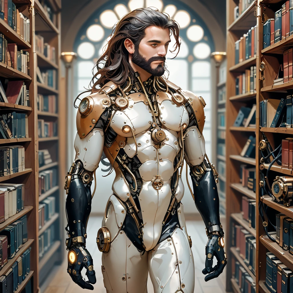 score_9,score_8_up,  <lora:Reelmech_pony_ed_v1_3:1>   mechanical parts, reelmech, (full-body view ), science fiction, realistic, cable, wires, joints, body suit,  an archmage male is searching books in library, steampunk  long beard, long hair