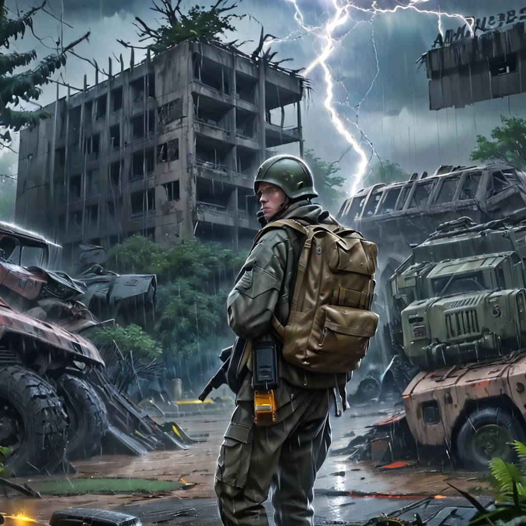 Masterpiece,absurd resolution,8k,high resolution,
StalkerWorld,anomaly,, ground vehicle, motor vehicle, 1boy, military, backpack, tree, outdoors, gun, rain, weapon, bag, military vehicle, car, ruins, tank, male focus, lightning, helmet, building,<lora:stalker_XL:0.8>