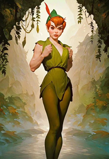 score_9, score_8_up, score_7_up, score_6_up, score_5_up, solo, rating_suggestive, fantasy painting, dynamic pose, peter pan, background lush forest