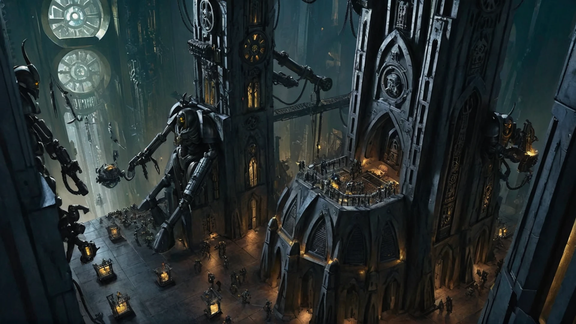 <lora:Wolvie_Style_wh40k10m_v1.0:1>, wh40k10m, Imperium of Man location, background, ((Warhammer 40k)), Warhammer 40000 style, Warhammer 40k architecture, Warhammer 40k aesthetics, forge world city, at the heart of these cities lie grandiose structures of adeptus mechanicus, adorned with intricate machinery symbols machine god. tech-priest temples shrines dot skyline, serving as centers worship technological research. industrial, futuristic, metallic, technological, gothic, utilitarian, advanced, mechanical, stark, gleaming, gritty, imposing, symbolic, monumental, resilient., <lora:add-detail-xl:1>, 
amplify, intensify, strengthen, heighten, augment, boost, enrich, enhance, expand, magnify, illuminate, transmute, resonate, empower, transfigure, harmonize, envision, radiate, transcend, high quality, intricate, smooth, realistic,