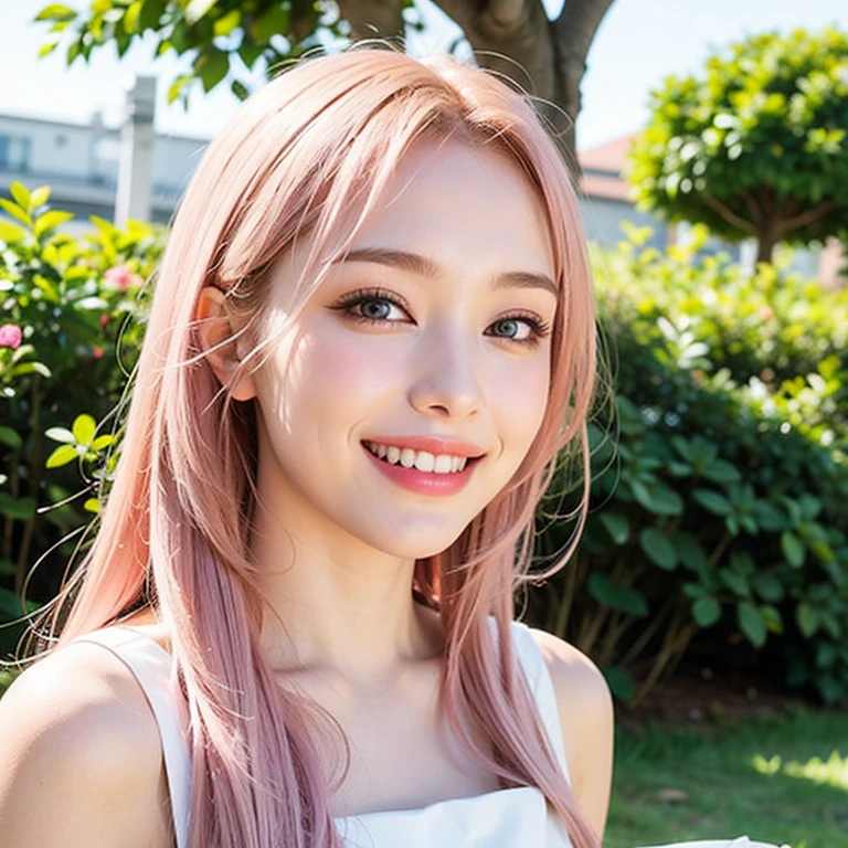 8k resolution, high resolution, single, girl, fair skin, big eyes, long eyelashes, sweet silkworm, deep eyes, lipstick, smile, ((pink hair)), messy hair, hair details, face details, ((white slip shirt)), ((black dress)), summer sun, nature, cute little animals, cute girl, silly cute, girly, white tights