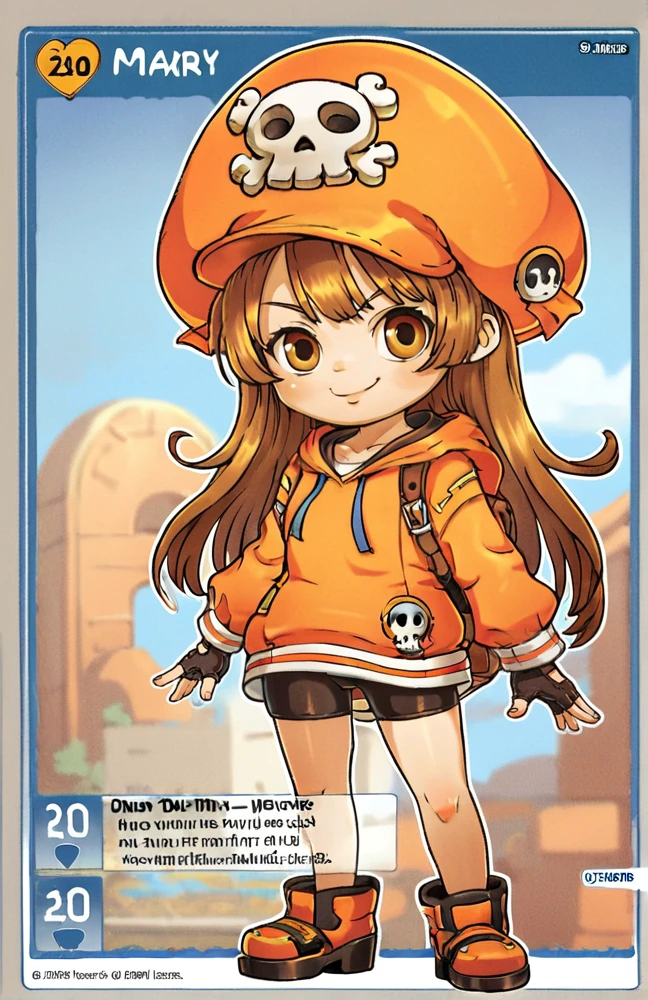 score_9, score_8_up, score_7_up, <lora:Maplestory_iTCG:1> maplestory_itcg, (card (medium)),full body, chibi, solo, 1girl, solo, english text, (blue border:1), straight border,   <lora:May Guilty Gear  (Autism SDXL):0.6> 1girl, may (guilty gear), skull and crossbones, orange hat, long hair, brown eyes, black gloves, orange hoodie,