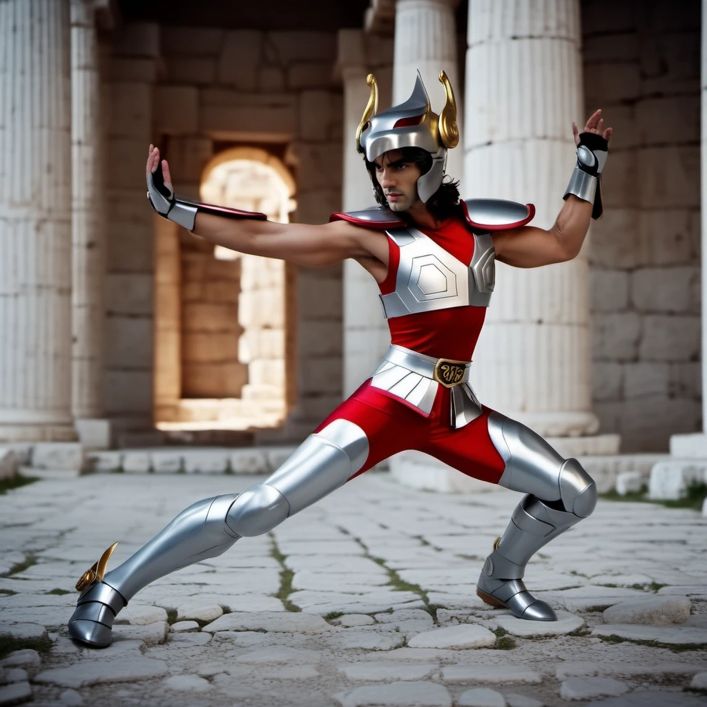 cinematic photo a realistic full body man facing the viewer wears a helmet and armor, greek antic temple background <lora:Seya1024:0.8> . 35mm photograph, film, bokeh, professional, 4k, highly detailed