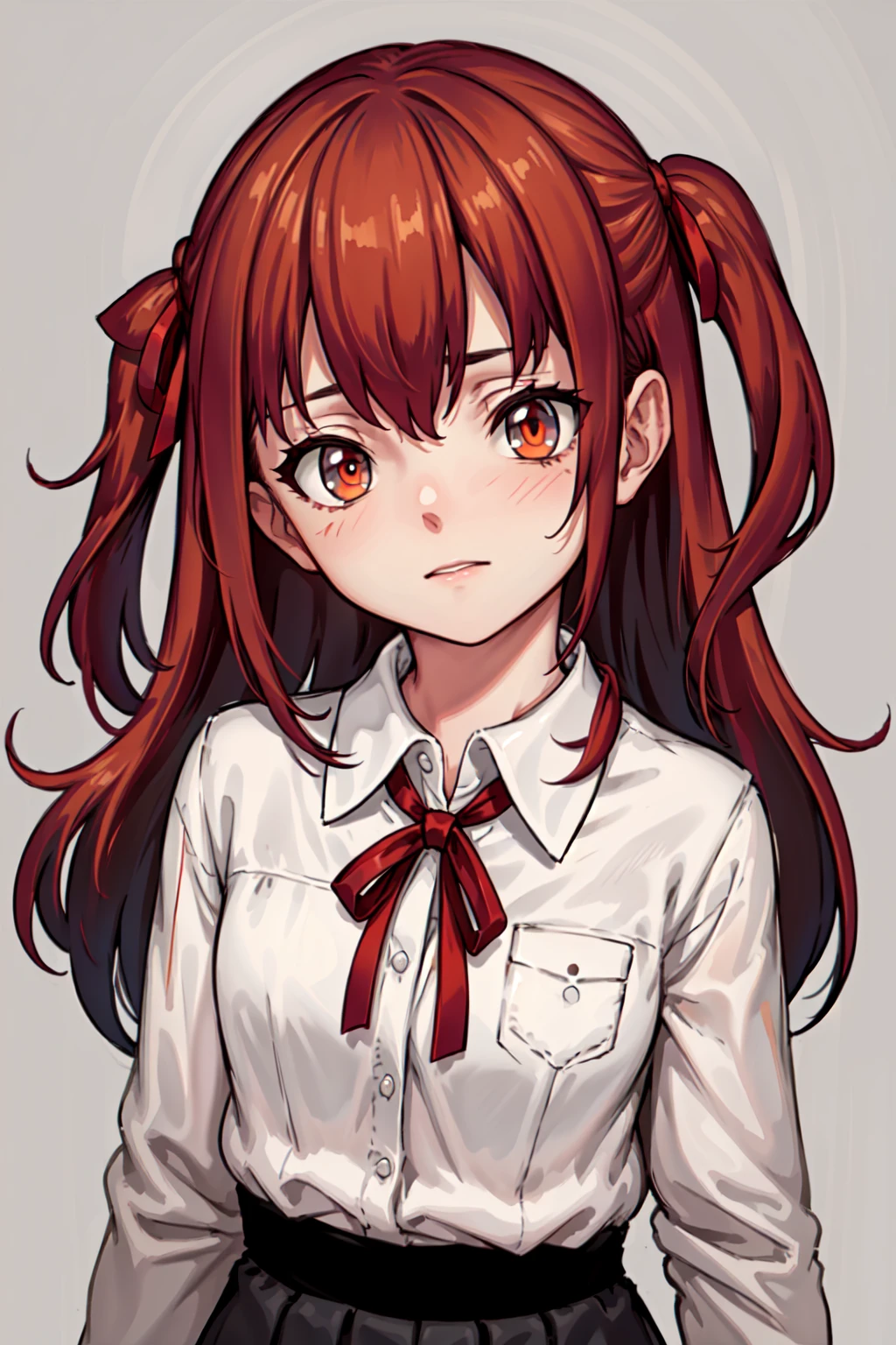 (masterpiece, best quality:1.2),
1girl, teenage, solo, facing viewer, petite
((white hair)), (grey hair), two side up, red hair ribbon,
collared shirt, long sleeves, black skirt,
facing viewer,upper body,
simple background, two-tone background, grey background,standing,
depth of field, blurry background,
<lora:ASYLJ77-2-000014:0.5>