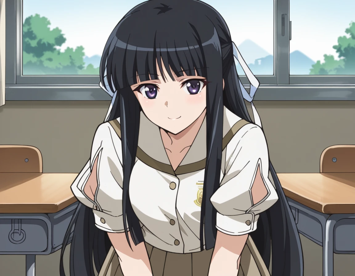 score_9, score_8_up, score_7_up, source_anime,
kazuhamigiwa, <lora:kazuha-migiwa-s1-ponyxl-lora-nochekaiser:1>,
kazuha migiwa, long hair, black hair, ribbon, hair ribbon, bangs, blunt bangs,
skirt, shirt, school uniform, short sleeves, pleated skirt, puffy sleeves, buttons,
indoors, classroom, smile, bent over,
looking at viewer, cowboy shot, solo,