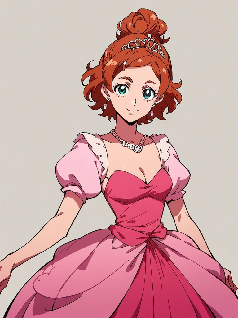 score_9, score_8_up, score_7_up, 1girl, Haruno Haruko, brown hair, hair bun, aqua eyes, medium hair,

ballroom, ballgown, long dress, puffy sleeves, elegant, princess, tiara, pink dress, 

smile, looking at viewer, 