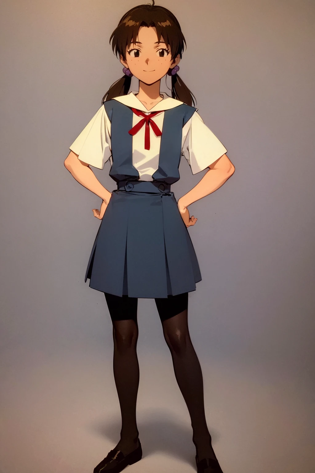 masterpiece, best quality, retro artstyle, 
1girl, hikarihoraki, brown hair, twintails, freckles, hair bobbles, long hair, black eyes, ribbon, short sleeves, suspender skirt, tokyo-3 middle school uniform, pantyhose,
hands on hips, full body, smile,  standing, solo, looking at viewer, simple background    <lora:HikariHoraki:1>