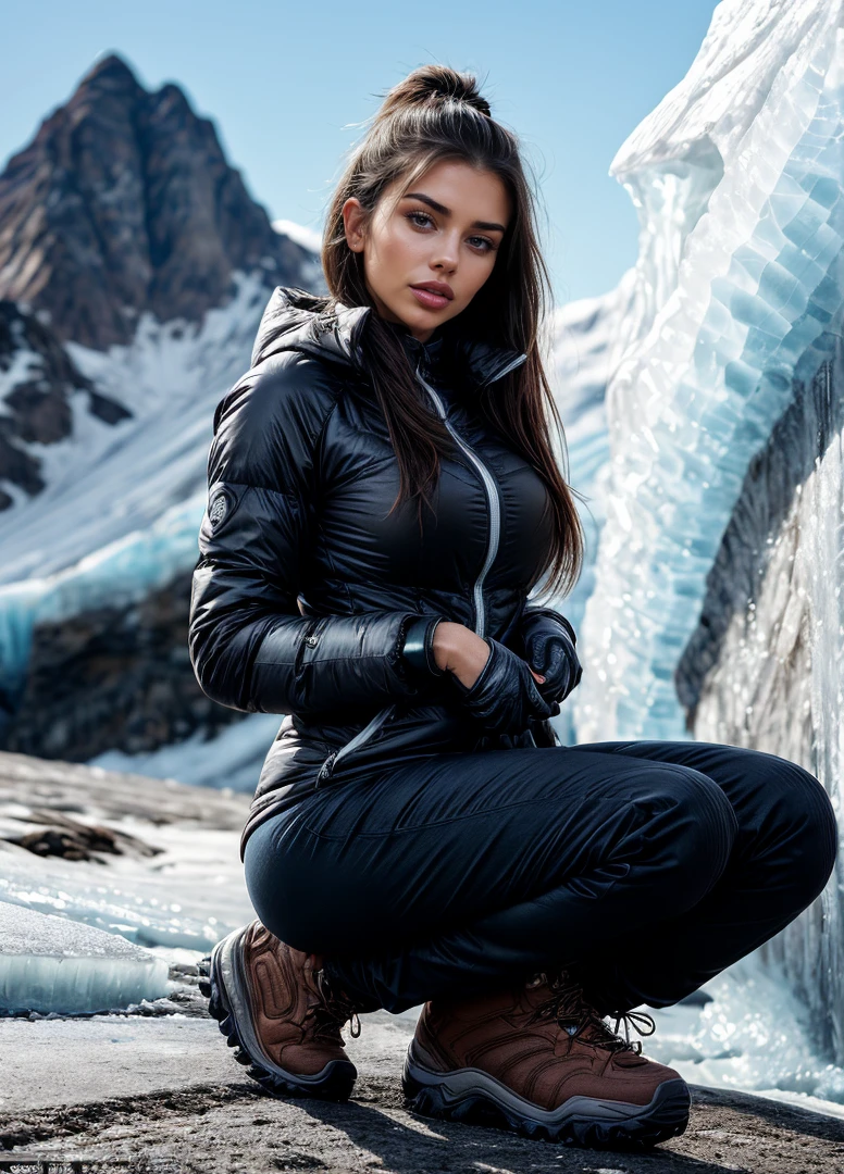 hyper-realistic photo of Angela White, 28, (wearing black cotton leggings, ocher down jacket, closed) (piercing, blue eyes) (silky, loose hair) (skin texture), mountains, nature, trees , rocks, river, current, smoke, campfire (camping inspiration) analog quality, best shadow, film grain, high contrast, raw, lut instagram