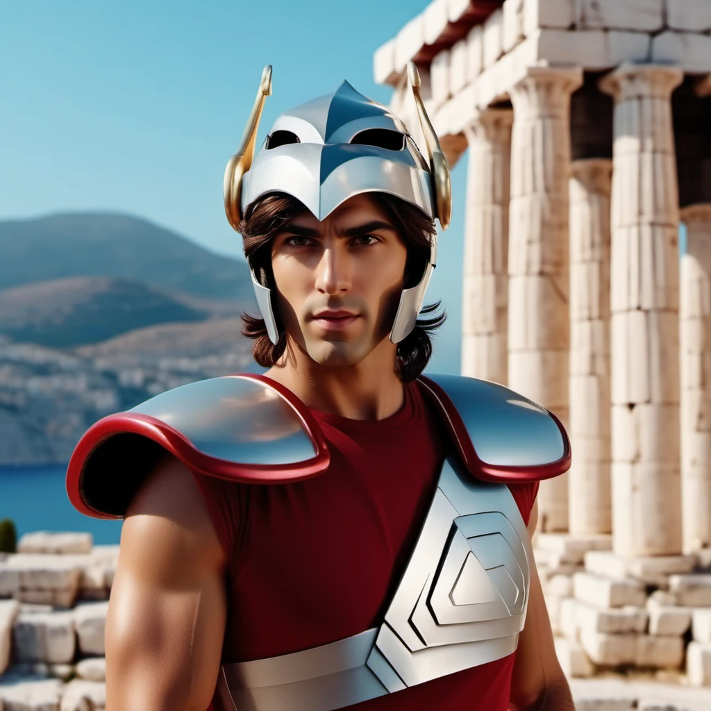 cinematic photo a realistic man wear a helmet and armor, greek antic temple background <lora:Seya1024:0.8> . 35mm photograph, film, bokeh, professional, 4k, highly detailed