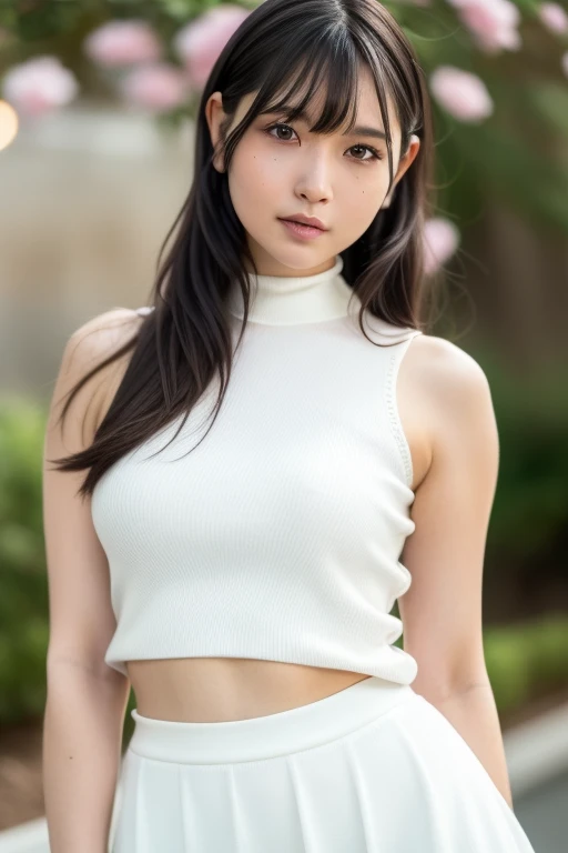 1girl,(RAW photo, best quality), (realistic, photo-realistic:1.4), masterpiece, an extremely delicate and beautiful, extremely detailed, 2k wallpaper, Amazing, finely detail, extremely detailed CG unity 8k wallpaper, ultra-detailed, highres, soft light, beautiful detailed girl, extremely detailed eyes and face, beautiful detailed nose, beautiful detailed eyes,cinematic lighting,perfect anatomy,slender body
wearing a white turtleneck sleeveless sweater,white skirt,(bokeh:1.2)
at a flower park,sakura flowers,flower garden
hair with bangs
<lora:amatsumarinaV2_lora:0.8>