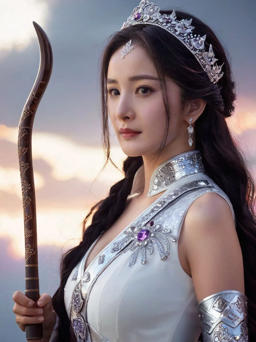 yangmi woman,cool, artstation,photo realistic,beautiful, high-resolution image,Midshots,shartp focus,natural lighting,detailed clothing, in mid centry clothes, a princess has magic stone around her, a bow outgrip and a small magical device, Her eyes flash bright with a brilliance of brilliance, with bright purple cloud visible throughout the scene, This spell, paired with magic that powers magical devices, also activates a magical horn called ananvil, disheveled in white flames, the flames <lora:yangmi_XLB6e4_6-000018:0.6>
