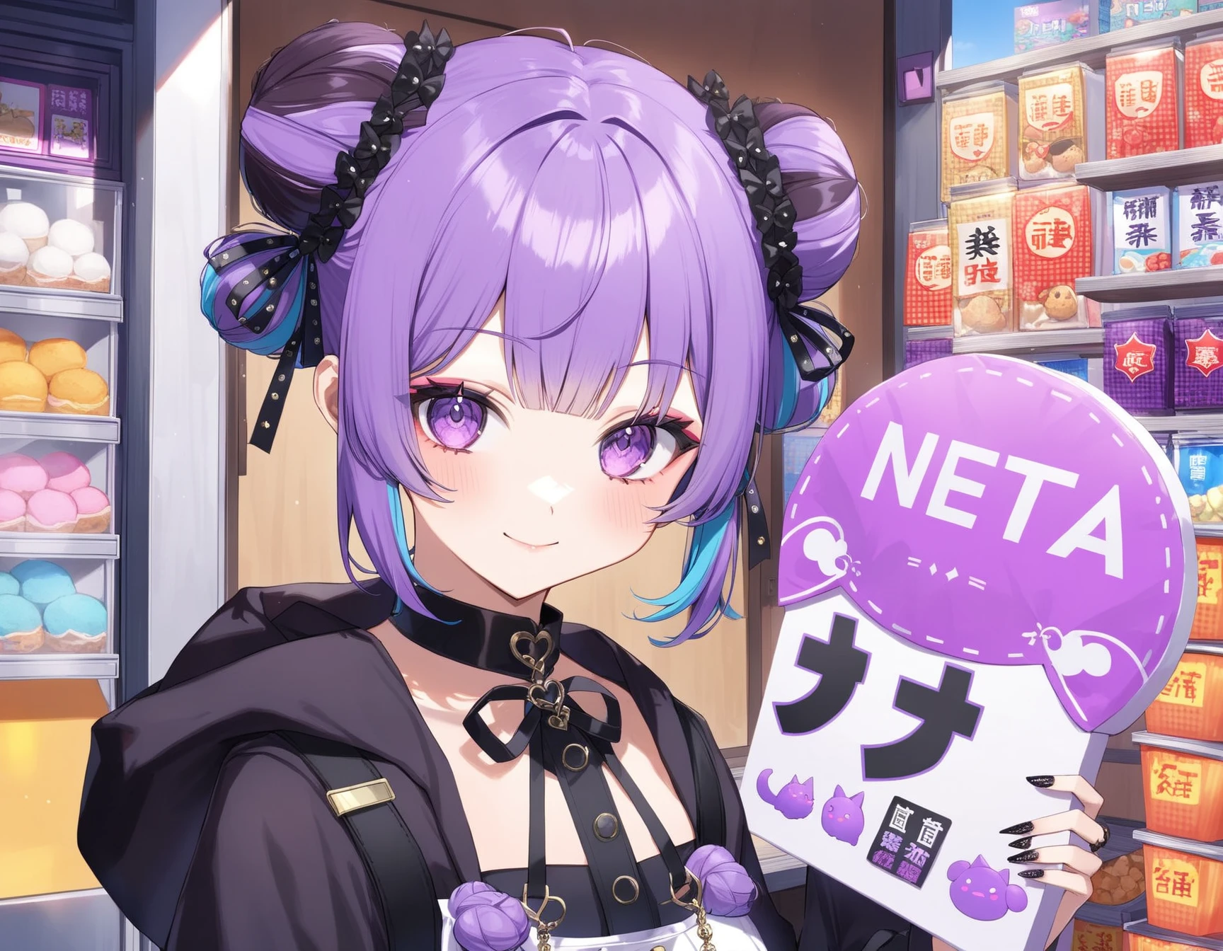 1girl, double buns,purple and black dual-toned hair, twin buns hairstyle, holding a sign that says "neta", best quality, intricate details,