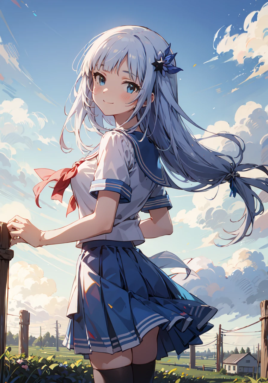 tsumugi shiraishi (million live), low-tied long hair, hair ornament, (best quality, 8K, masterpiece, ultra detailed:1.2), backlighting, shadow, cinematic angle, day, blue sky, beautiful clouds, outdoors, farm, 1girl, solo, looking at viewer, blush, seductive smile, head tilt, closed mouth, school uniform, serafuku, sailor collar, layered skirt, white thighhighs,