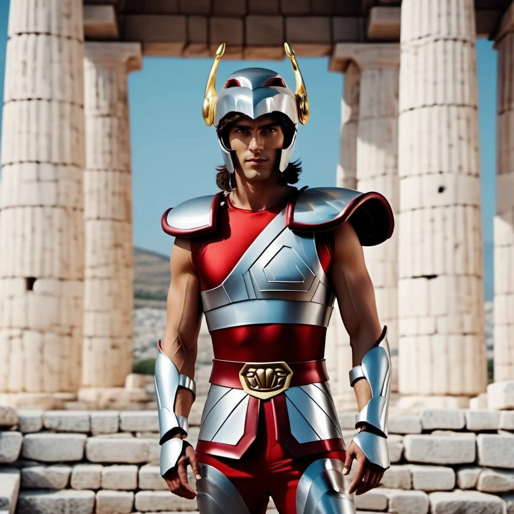 cinematic photo a realistic full body man facing the viewer wears a helmet and armor, greek antic temple background <lora:Seya1024:0.8> . 35mm photograph, film, bokeh, professional, 4k, highly detailed