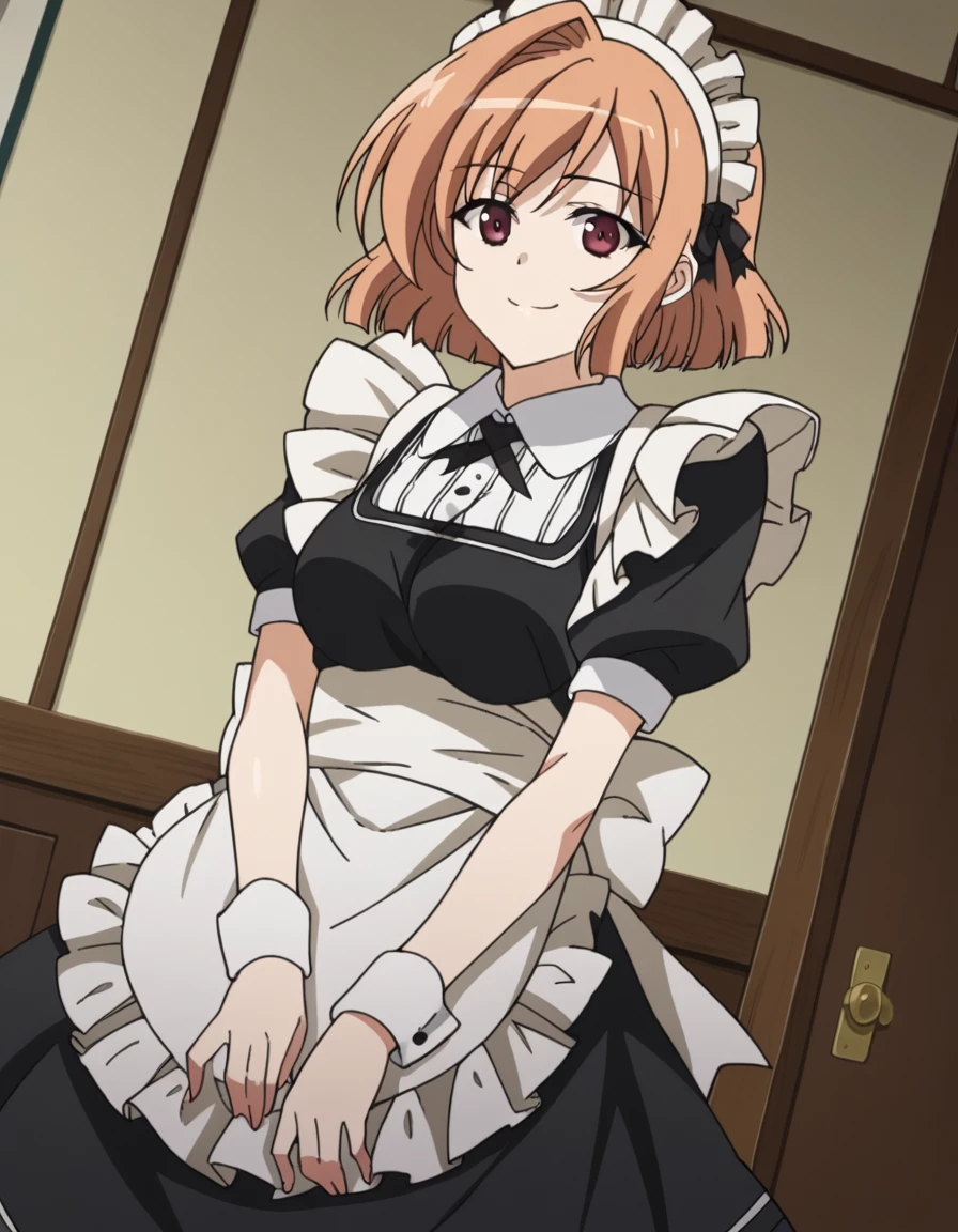 score_9, score_8_up, score_7_up, source_anime,
motokanogisaka, <lora:motoka-nogisaka-s1-ponyxl-lora-nochekaiser:1>,
motoka nogisaka, short hair, red eyes, orange hair,
dress, short sleeves, pantyhose, puffy sleeves, apron, black dress, wrist cuffs, maid, maid headdress, maid apron,
indoors, smile,
looking at viewer, cowboy shot, solo, dutch angle,