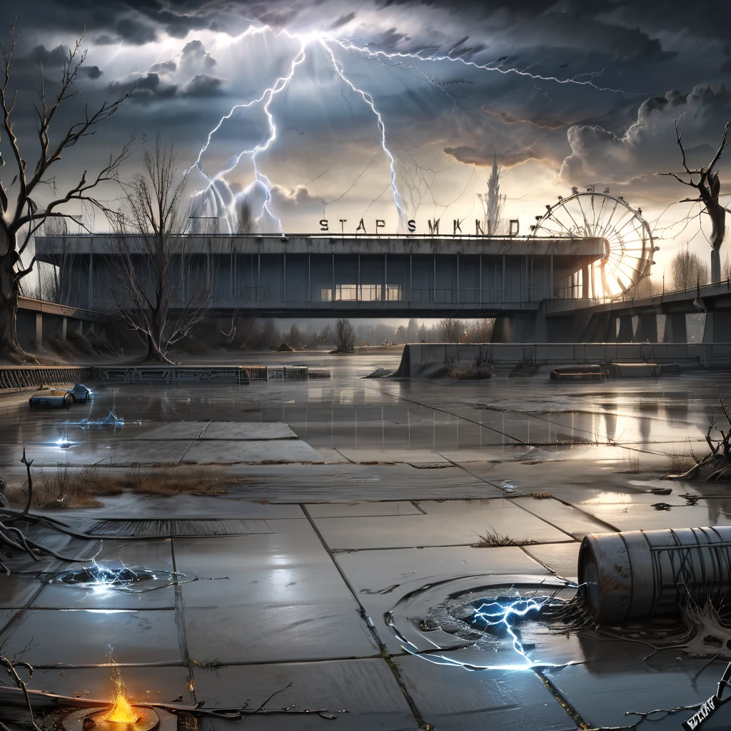 Masterpiece,absurd resolution,8k,high resolution,
StalkerWorld,, no humans, scenery, tree, cloud, outdoors, sky, bare tree, cloudy sky, fence, signature, water, lightning, reflection, electricity, bridge, building, ground vehicle, <lora:stalker_XL:0.8>