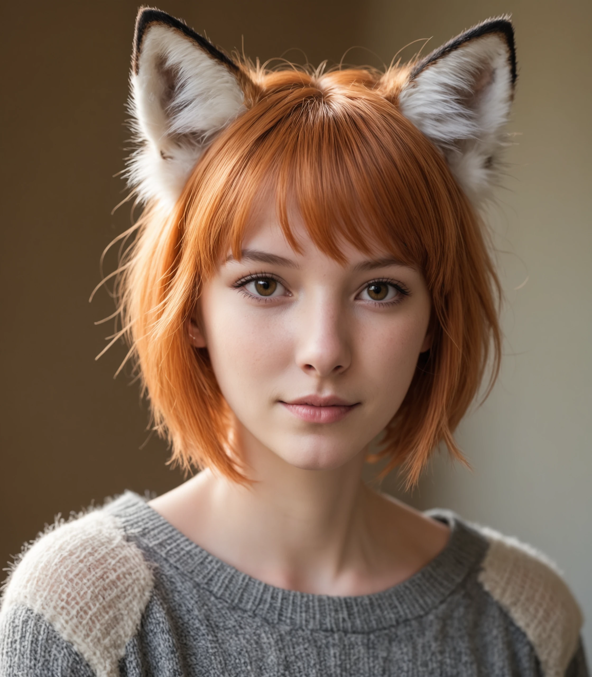 face portrait of young woman, orange hair, fur, 19 years old, short hair, natural lighting , fox ears, whiskers , front bangs
