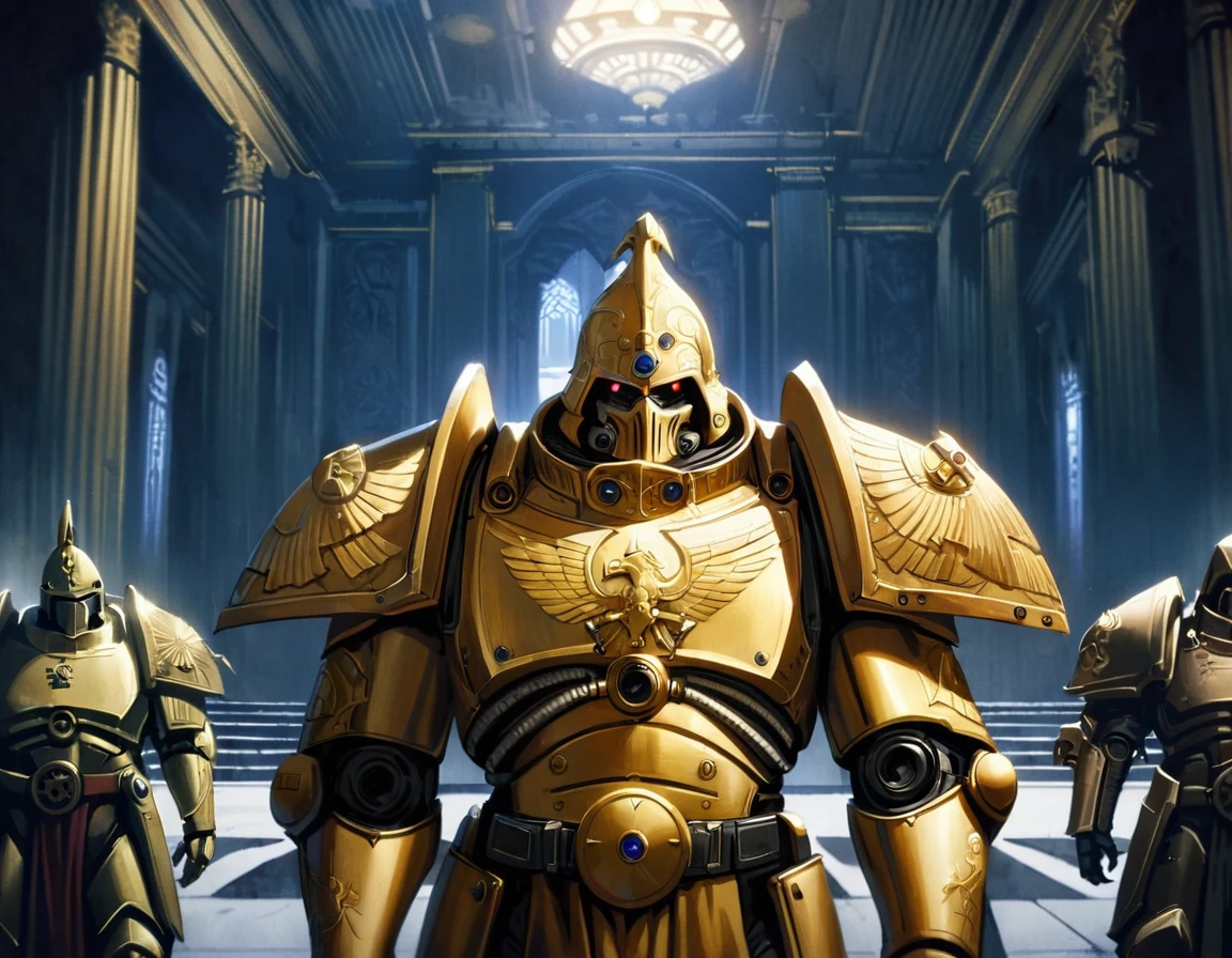 Unreal Engine 5 Render, cinematic, warhammer 40k, Custodian from the Adeptus Custodes, gold power armor,  In the imperial palace on Terra, ambient light, gothic architecture, still frame, grimdark, extremely detailed, vignette, [soft focus], raytracing, upper body
 <lora:custodians-08:1>