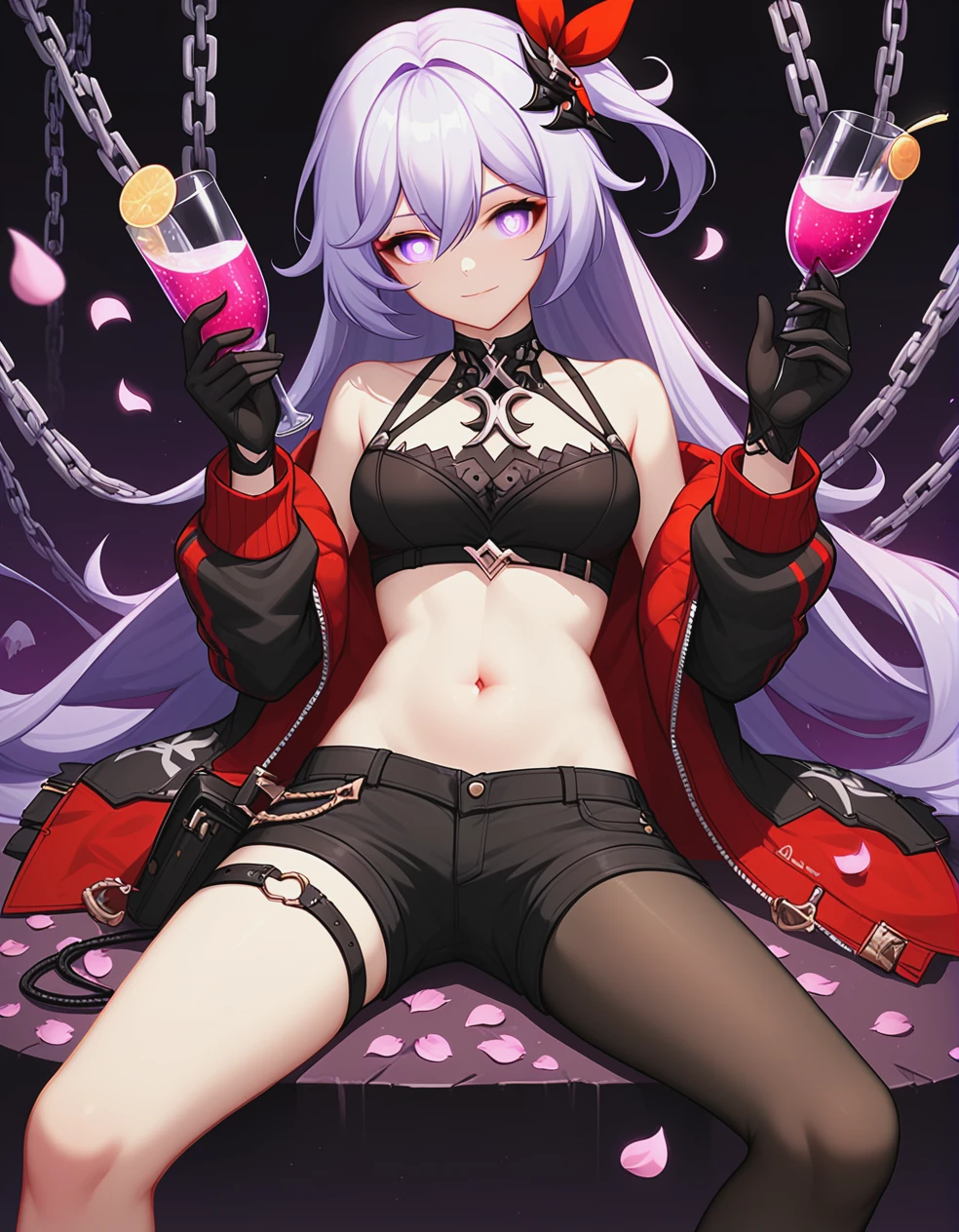 (score_9, score_8_up, score_7_up, score_6_up, score_5_up, score_4_up),1girl,thelema_honkai_impact,anklet,belly,black_choker,black_gloves,black_ribbon,black_shorts,bright_pupils,chain,choker,cross,drink,falling_petals,flower,gloves,hair_ornament,holding,holding_drink,jacket,jewelry,long_hair,long_sleeves,looking_at_viewer,low_light,navel,petals,puppet,purple_eyes,red_jacket,red_ribbon,ribbon,shorts,single_bare_leg,single_bare_shoulder,single_leg_pantyhose,sitting,very_long_hair,weapon,whip_sword,white_pupils,<lora:thelema-honkai-impact-xl:0.8>,