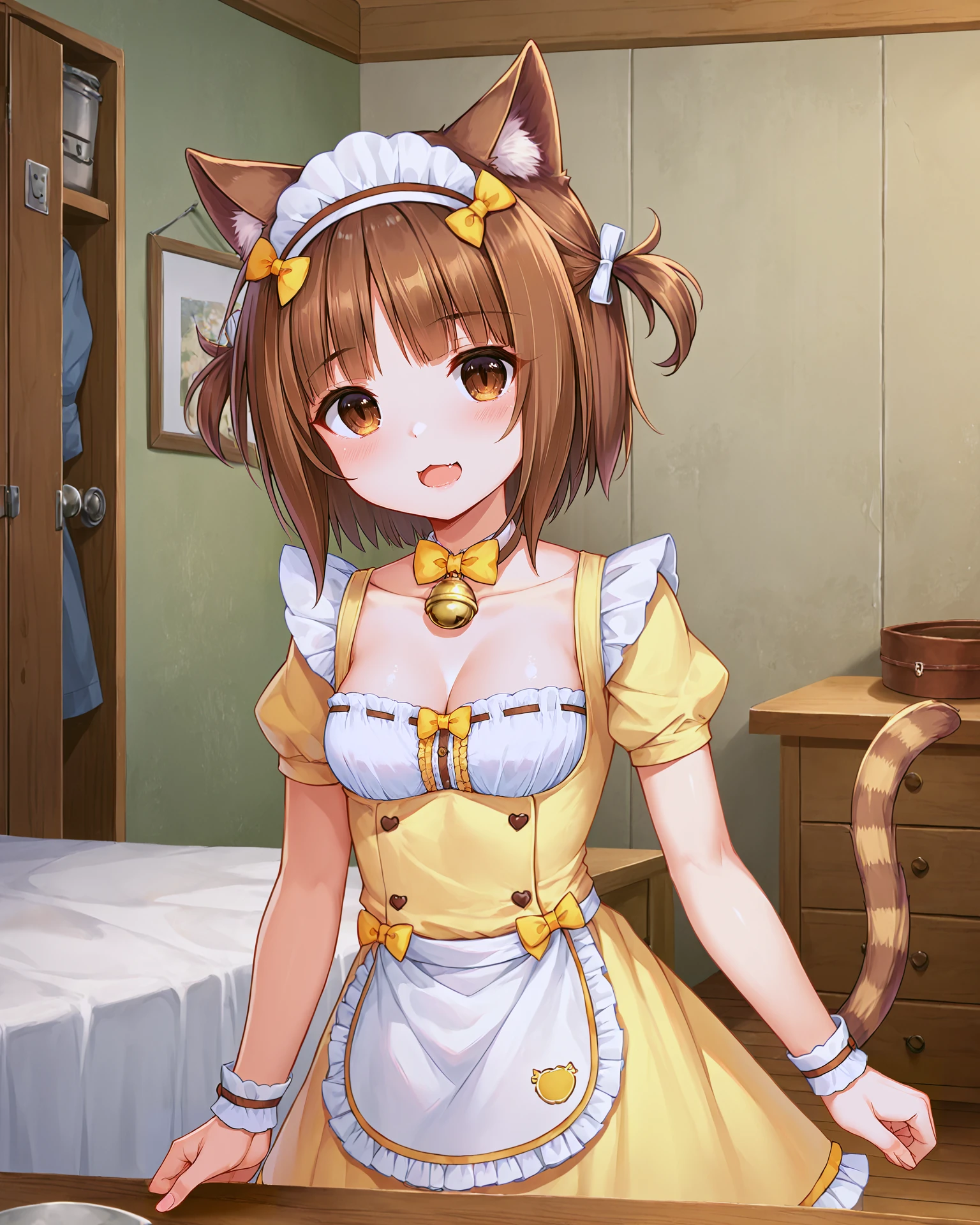 <lora:Neko_Azuki_XL:0.7> azuki, brown hair, bangs, brown eyes, cat girl, cat ears, cat tail, striped tail, bow, yellow bow, ribbon, bell, neck bell, hair ribbon, hair ornament, maid headdress, light yellow dress, frills, cleavage, light yellow sleeves, long sleeves, sleeves past wrists, puffy sleeves, wrist cuffs, puffy short sleeves, apron, waist apron, frilled apron, upper body,, <lora:9_Detail_Tweaker_XL:0.8>, score_9, score_8_up, score_7_up, source_anime, masterpiece, best quality, highly detailed background, cinematic lighting, detailed eyes, perfect face,, lazy, teenager room, messy, bedroom, bed sheet, closet,