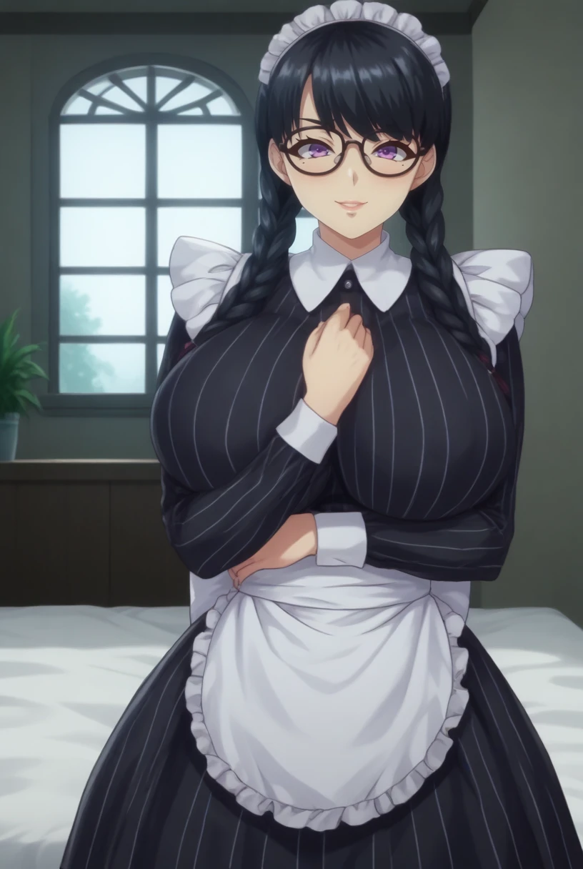 score_9, score_8_up, source_anime  BREAK solo, cowboy shot, looking at viewer, anime coloring,
 <lora:RenTakaharaPdxlDwnsty:1>, ren takahara, purple eyes, black hair, twin braids, mole, black-framed eyewear, maid headdress, maid, black dress, black shirt, striped dress, vertical-striped dress, frilled skirt, underbust, 
large breasts, curvy, naughty face, smile, lips, on bed, scared, arm between breasts, <lora:Arm_between_breasts:1>,
indoors, bed, bedroom, window,