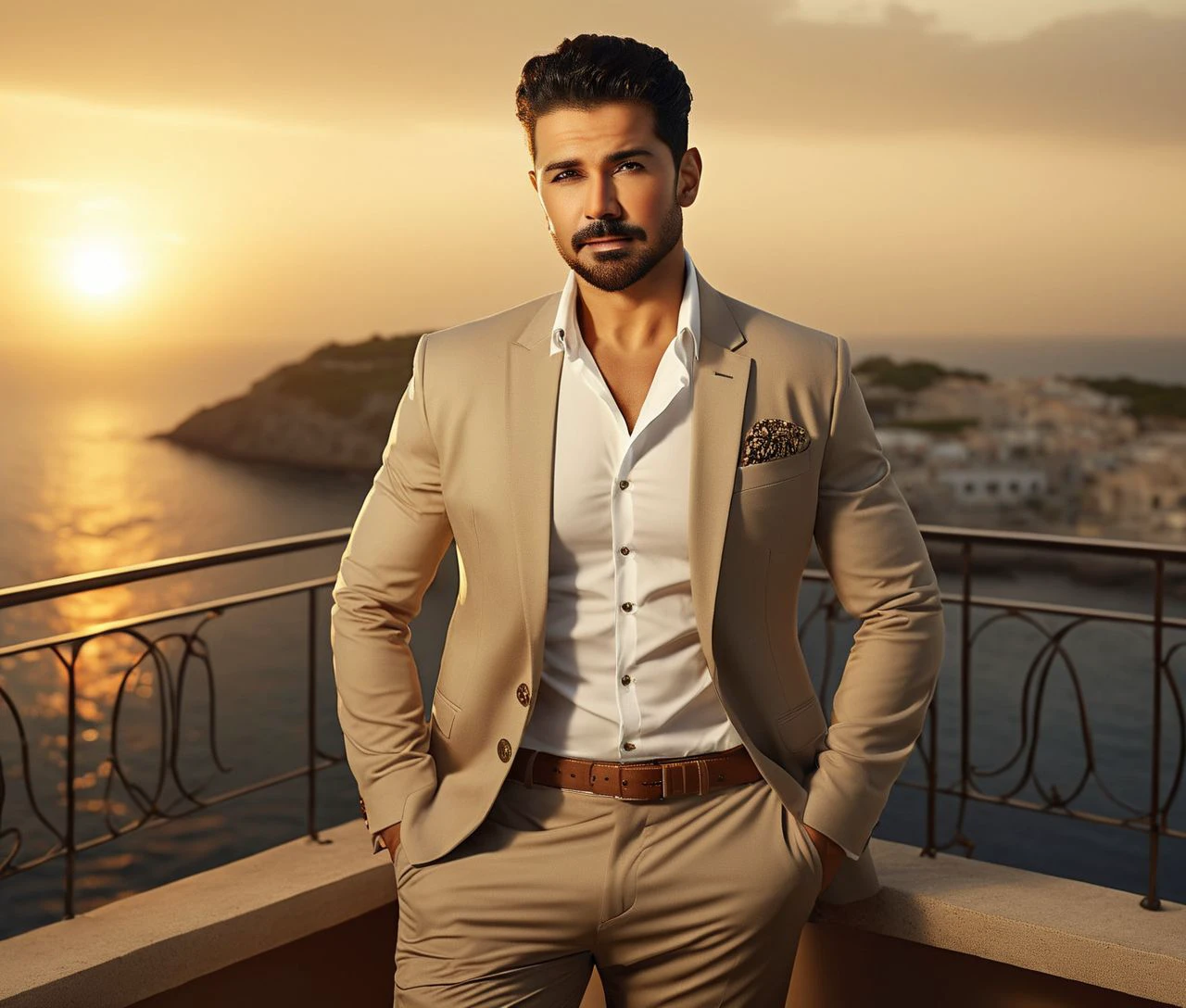 Nautical-themed (Photo:1.3) of (Ultrarealistic:1.3) <lora:Man_Men_FFashion:1> adam lambert a man <lora:abhinav-shukla_adam-lambert:1> in a tan suit standing on a balcony, sun behind him, inspired by Pablo Munoz Gomez, shot at golden hour, editorial photograph, midshot of a hunky, by Roman Bezpalkiv, by Artur Tarnowski, maxim sukharev, by Gabor Szikszai,Highly Detailed,(Mono Color:1.3) . Sea, ocean, ships, maritime, beach, marine life, highly detailed