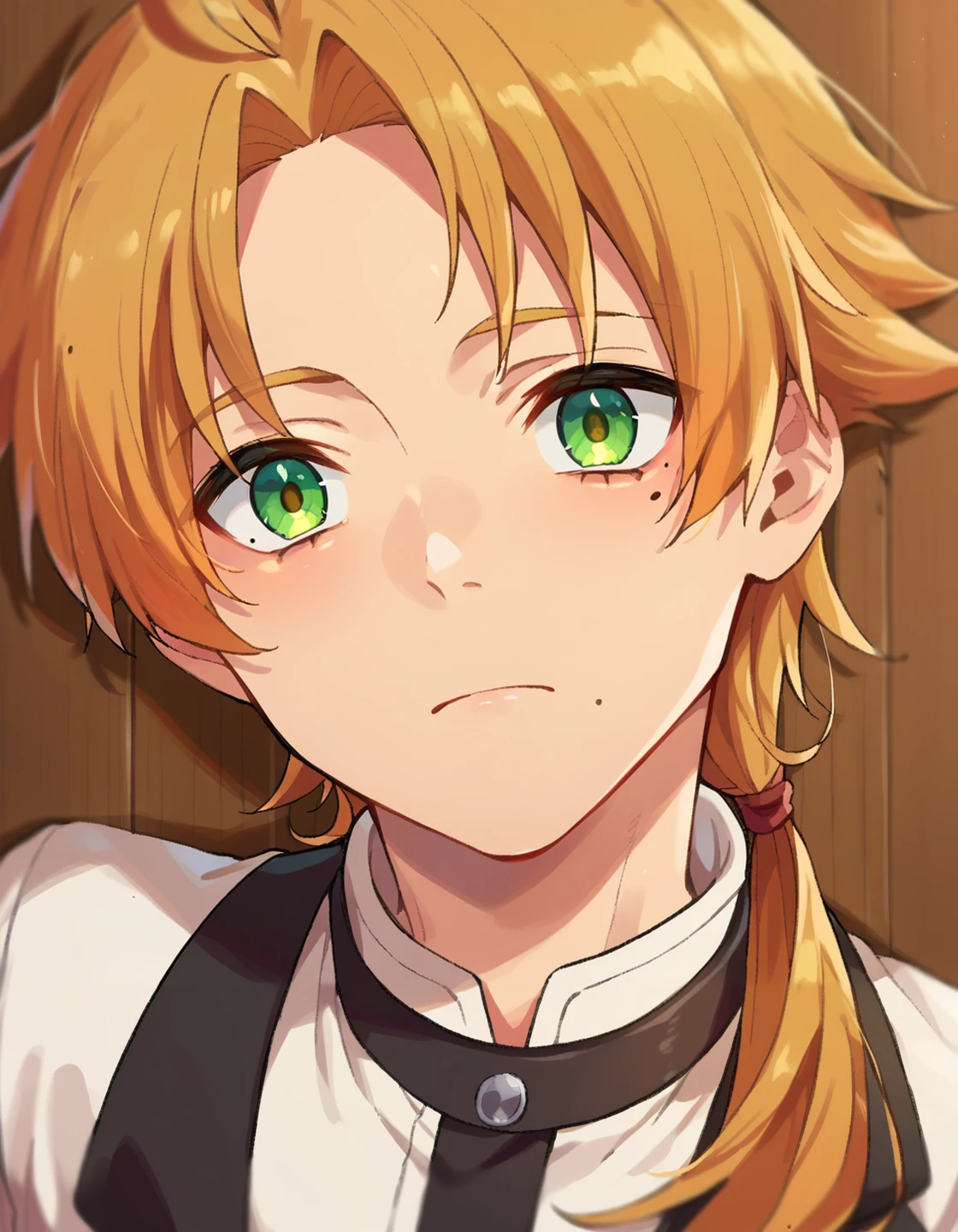 score_9, score_8_up, score_7_up, score_6_up, score_5_up, score_4_up, source anime, BREAK
<lora:mushoku_multiple:0.9> mushoku tensei, rudeus greyrat, solo, low ponytail, looking at viewer, 1boy, green eyes, ahoge, male focus, mole, mole under eye,
upper body, from above