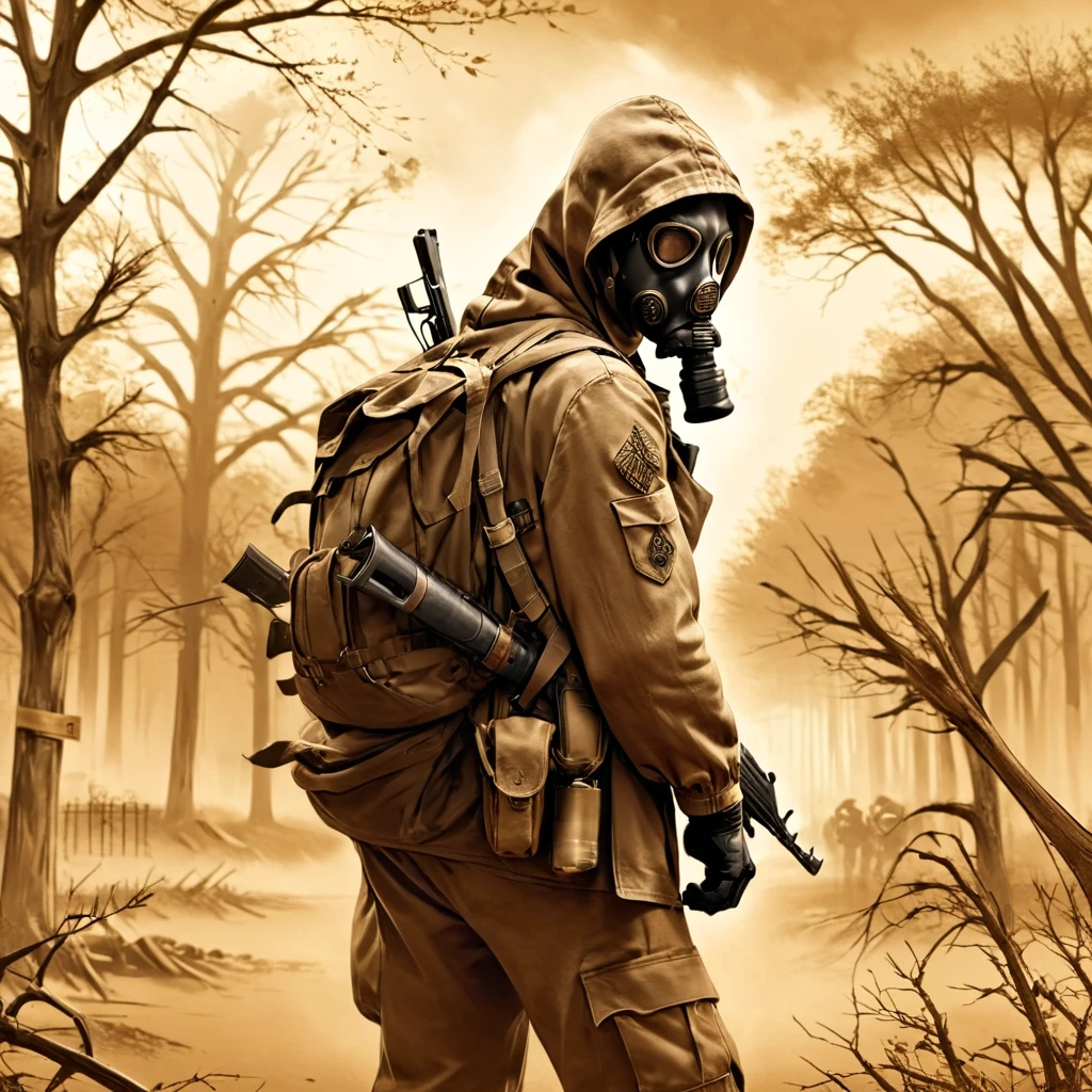 Masterpiece,absurd resolution,8k,high resolution,
StalkerWorld,, weapon, gun, 1boy, rifle, mask, male focus, solo, gas mask, backpack, hood, tree, gloves, bag, sepia, military, holding weapon, holding, monochrome, one knee, assault rifle, bare tree, aiming,<lora:stalker_XL:0.6>