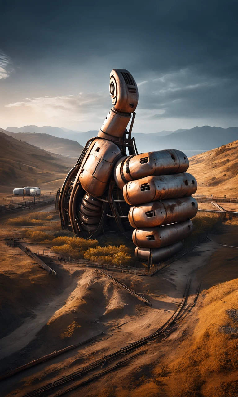 a gigantic metal hand structure sticking out of a ground, thumbs up, best quality, rust,  landscape, nature, masterpiece, intricate, highly detailed,  cinematic lights, <lora:abslandsdxl:0.9>, abslandsdxl, 4 fingers,