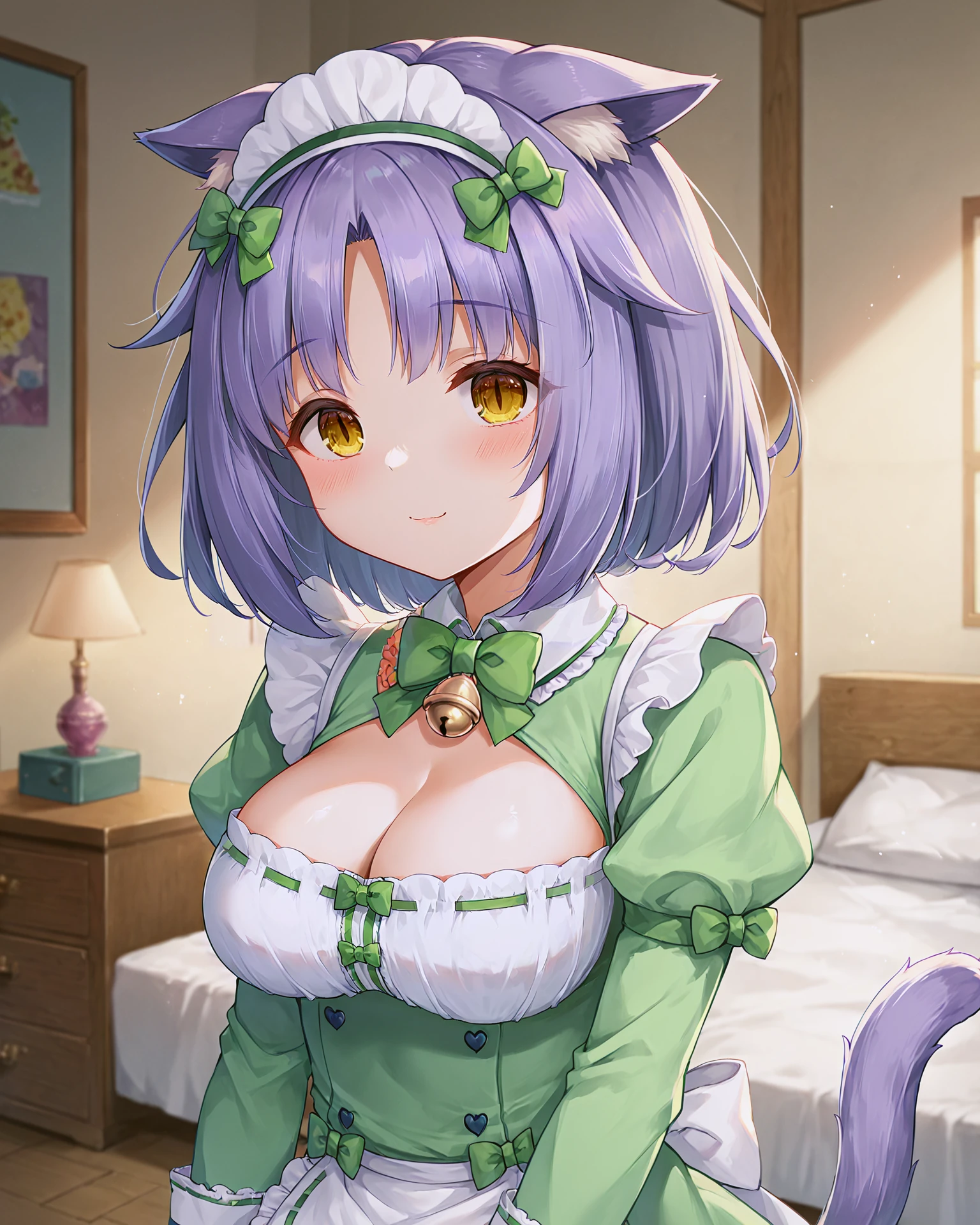 <lora:Neko_Cinnamon_XL:0.7> cinnamon, light purple hair, bangs, yellow eyes, cat girl, cat ears, cat tail, bow, green bow, ribbon, bell, neck bell, hair ribbon, hair ornament, maid headdress, light green dress, frills, cleavage, light green sleeves, long sleeves, sleeves past wrists, puffy sleeves, wrist cuffs, puffy short sleeves, apron, waist apron, frilled apron, upper body,, <lora:9_Detail_Tweaker_XL:0.8>, score_9, score_8_up, score_7_up, source_anime, masterpiece, best quality, highly detailed background, cinematic lighting, detailed eyes, perfect face,, lazy, teenager room, messy, bedroom, bed sheet, closet,