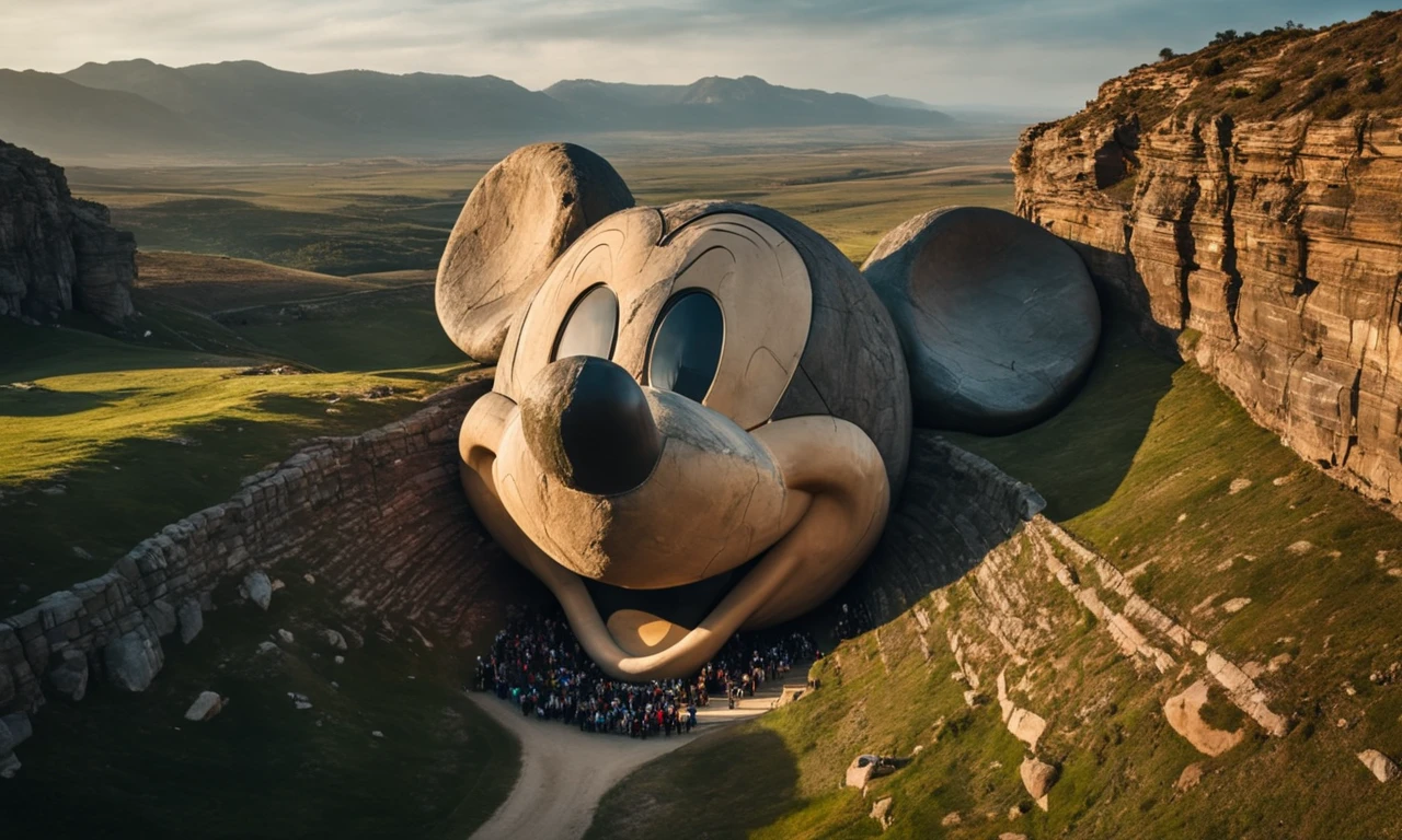 photograph of a gigantic stone Mikey mouse head structure lying in a beautiful landcape,  best quality, epic landscape, nature, masterpiece, intricate, highly detailed,  cinematic lights, <lora:abslandsdxl:0.7>, abslandsdxl,